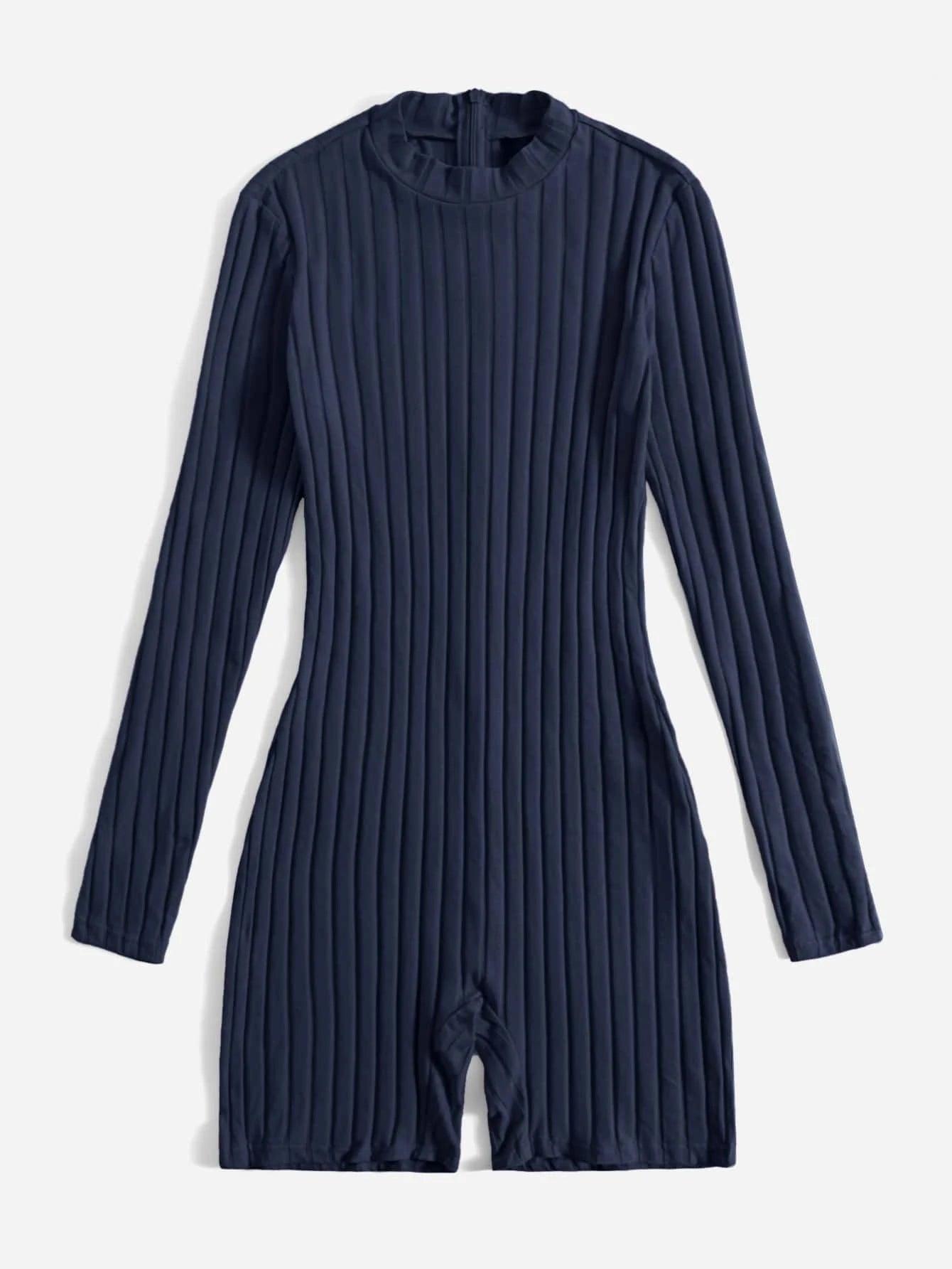 Mock Neck Ribbed Knit Romper-Comfy Jumpsuits