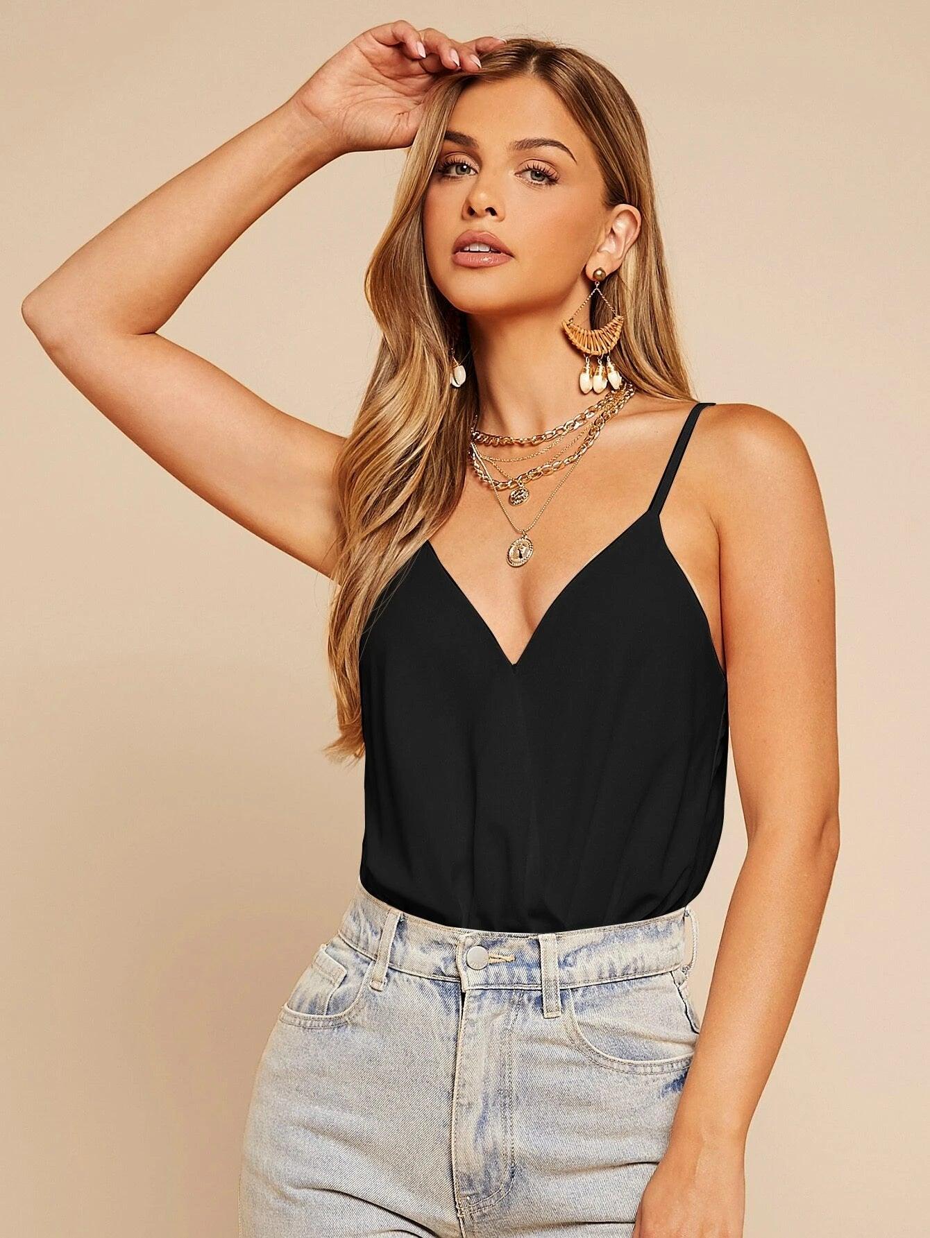 Sleeveless Polyester Cami Bodysuit-Comfy Jumpsuits