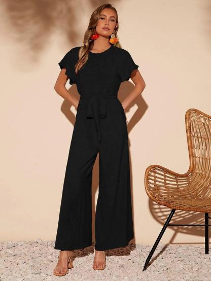 Butterfly Sleeve Belted Wide Leg Jumpsuit-Comfy Jumpsuits