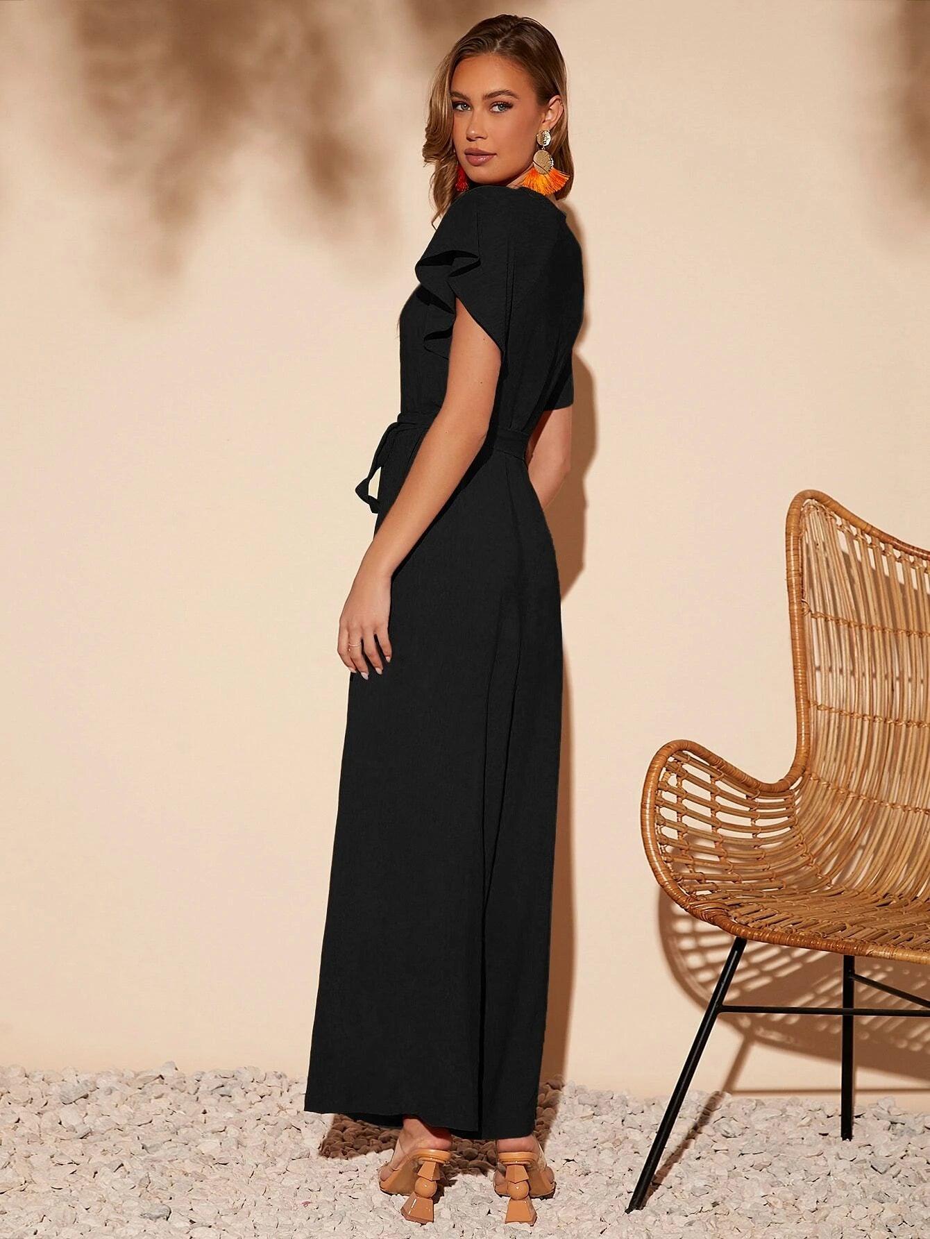 Butterfly Sleeve Belted Wide Leg Jumpsuit-Comfy Jumpsuits