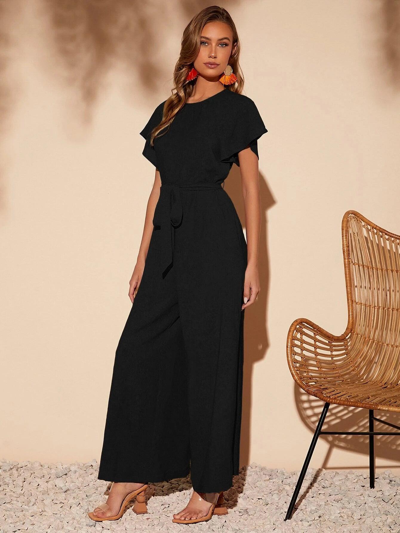 Butterfly Sleeve Belted Wide Leg Jumpsuit-Comfy Jumpsuits