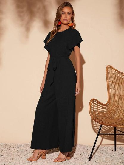 Butterfly Sleeve Belted Wide Leg Jumpsuit-Comfy Jumpsuits