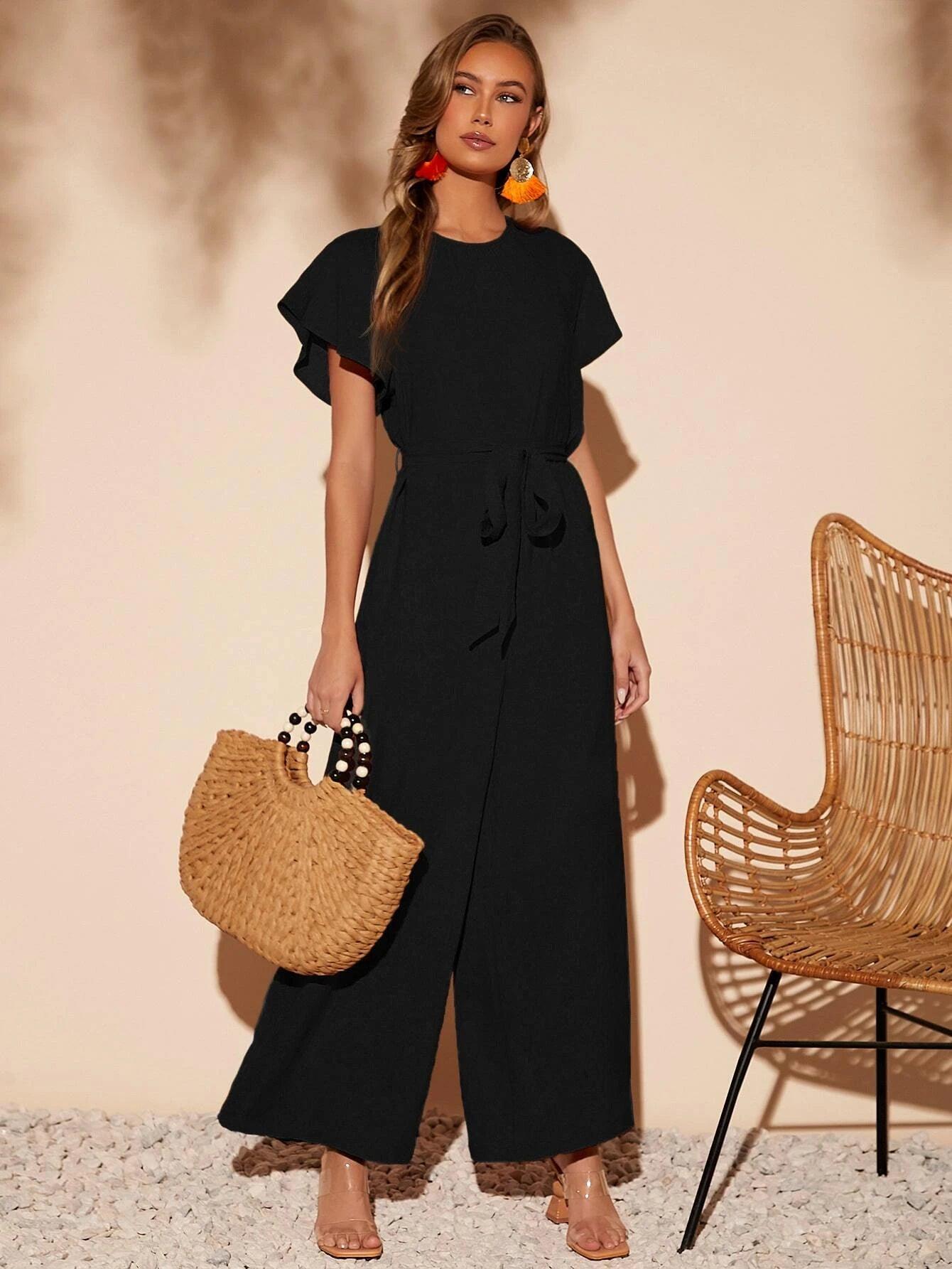 Butterfly Sleeve Belted Wide Leg Jumpsuit-Comfy Jumpsuits