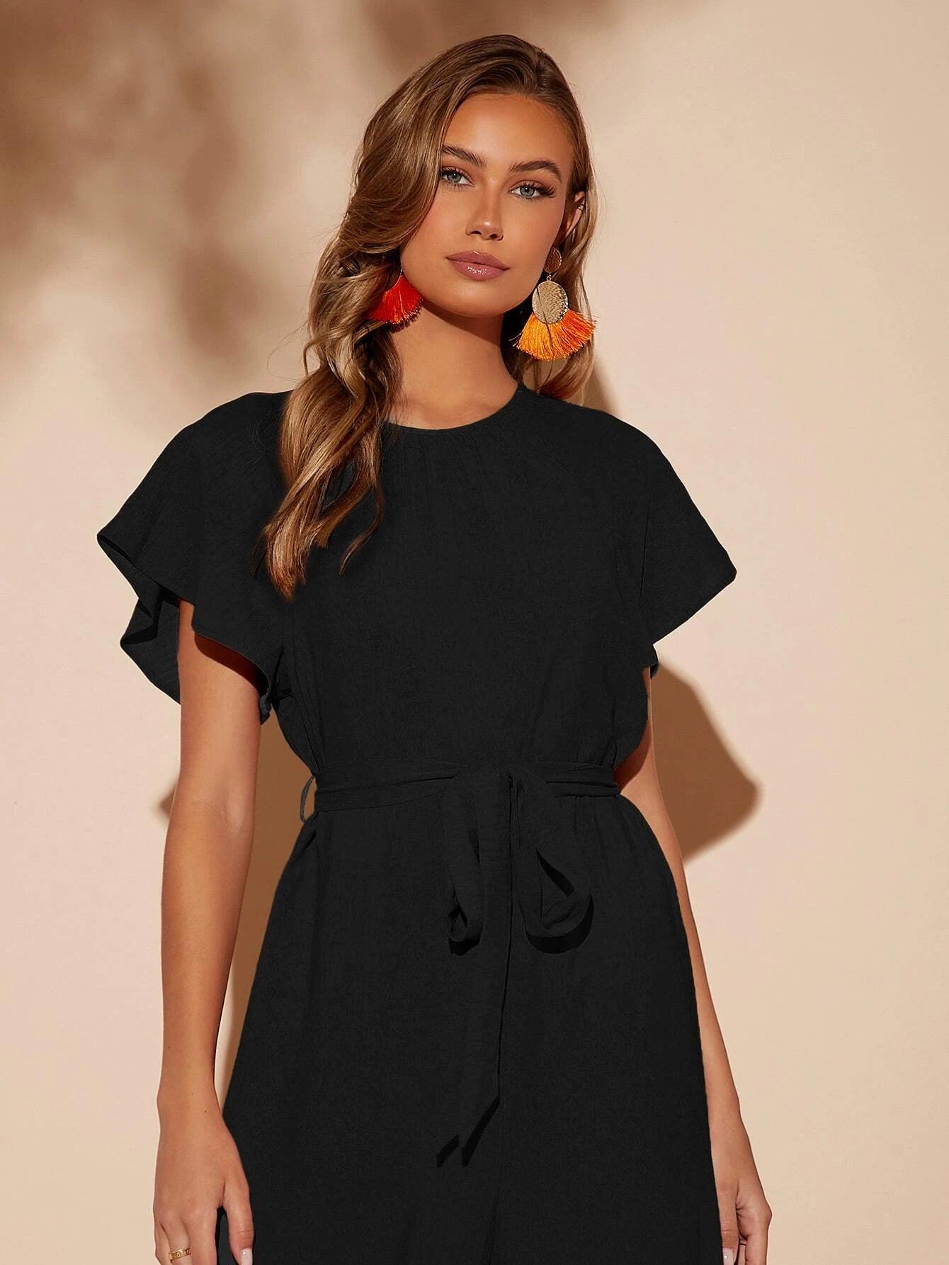Butterfly Sleeve Belted Wide Leg Jumpsuit-Comfy Jumpsuits