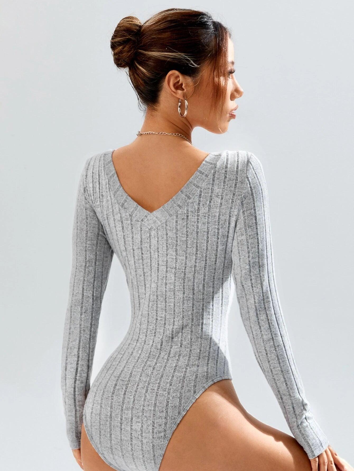 Plunging Neck Tee Bodysuit-Comfy Jumpsuits