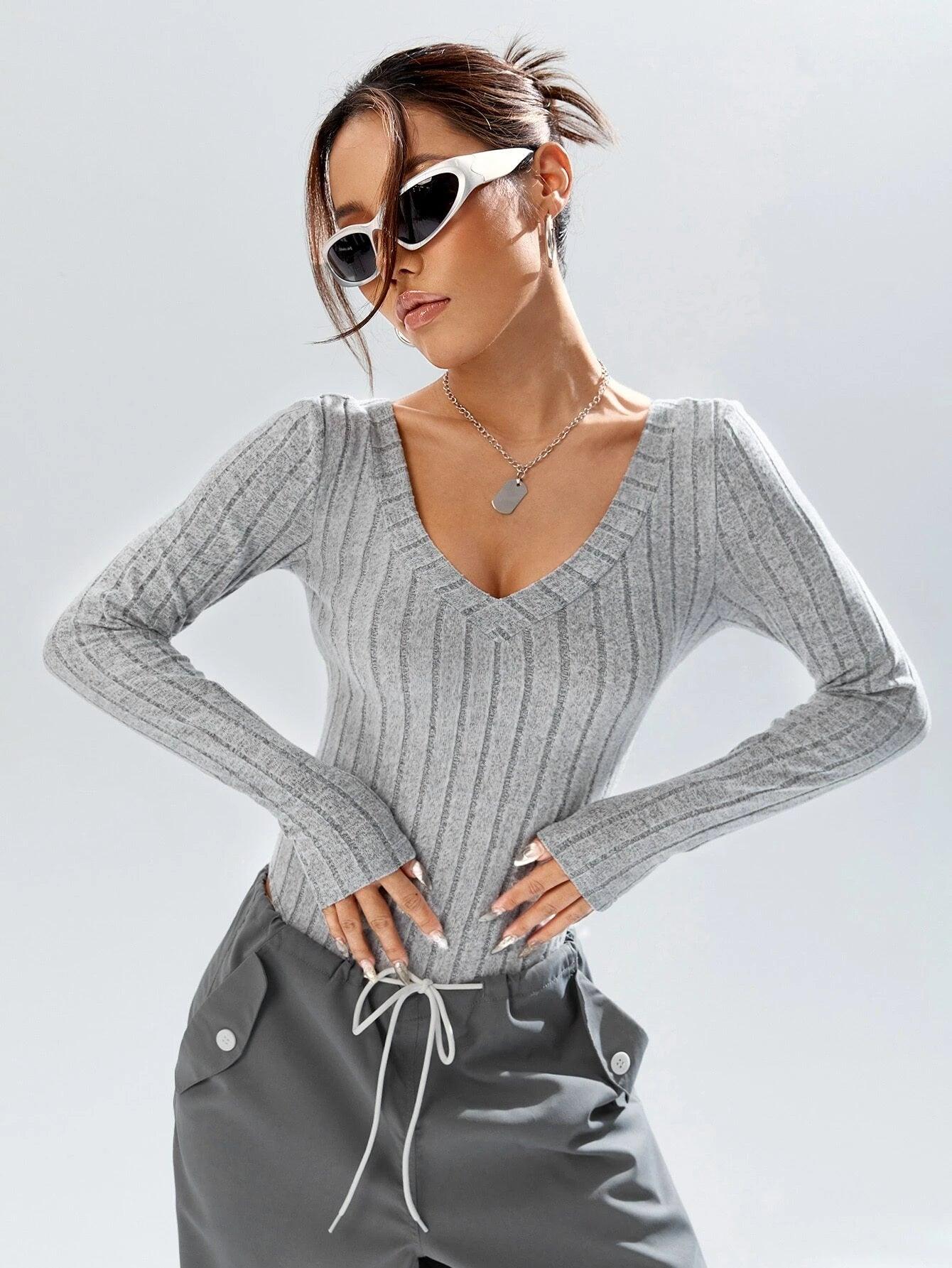 Plunging Neck Tee Bodysuit-Comfy Jumpsuits