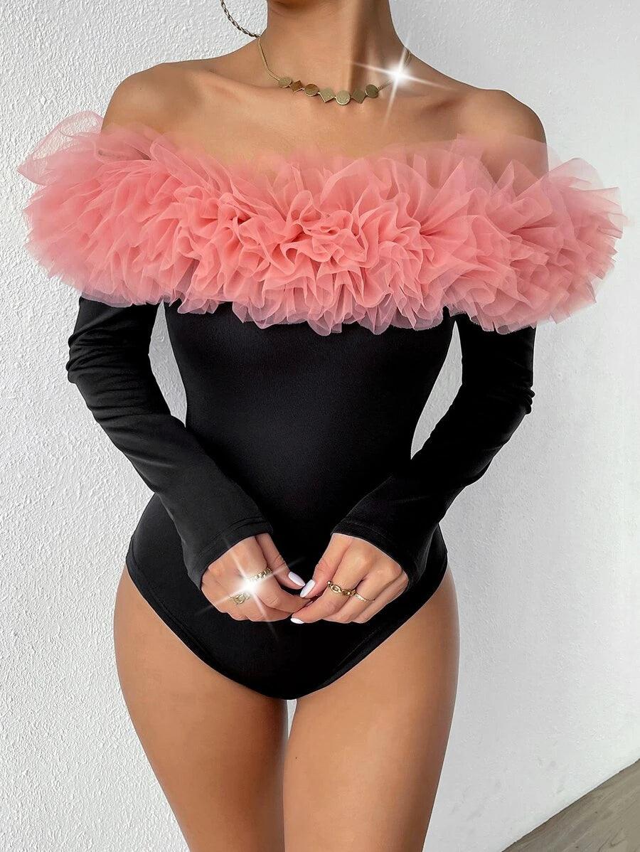 Contrast Mesh Exaggerated Ruffle Off Shoulder Bodysuit-Comfy Jumpsuits