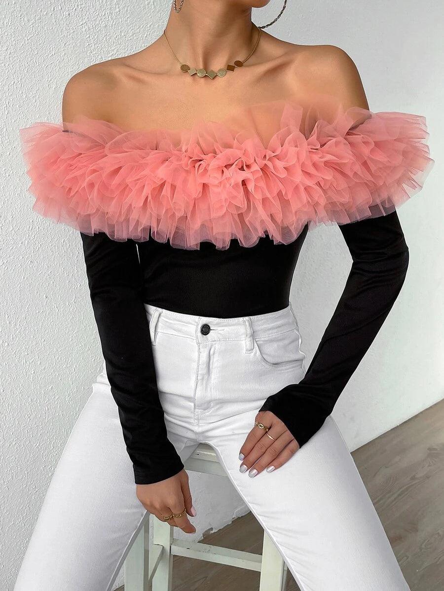 Contrast Mesh Exaggerated Ruffle Off Shoulder Bodysuit-Comfy Jumpsuits