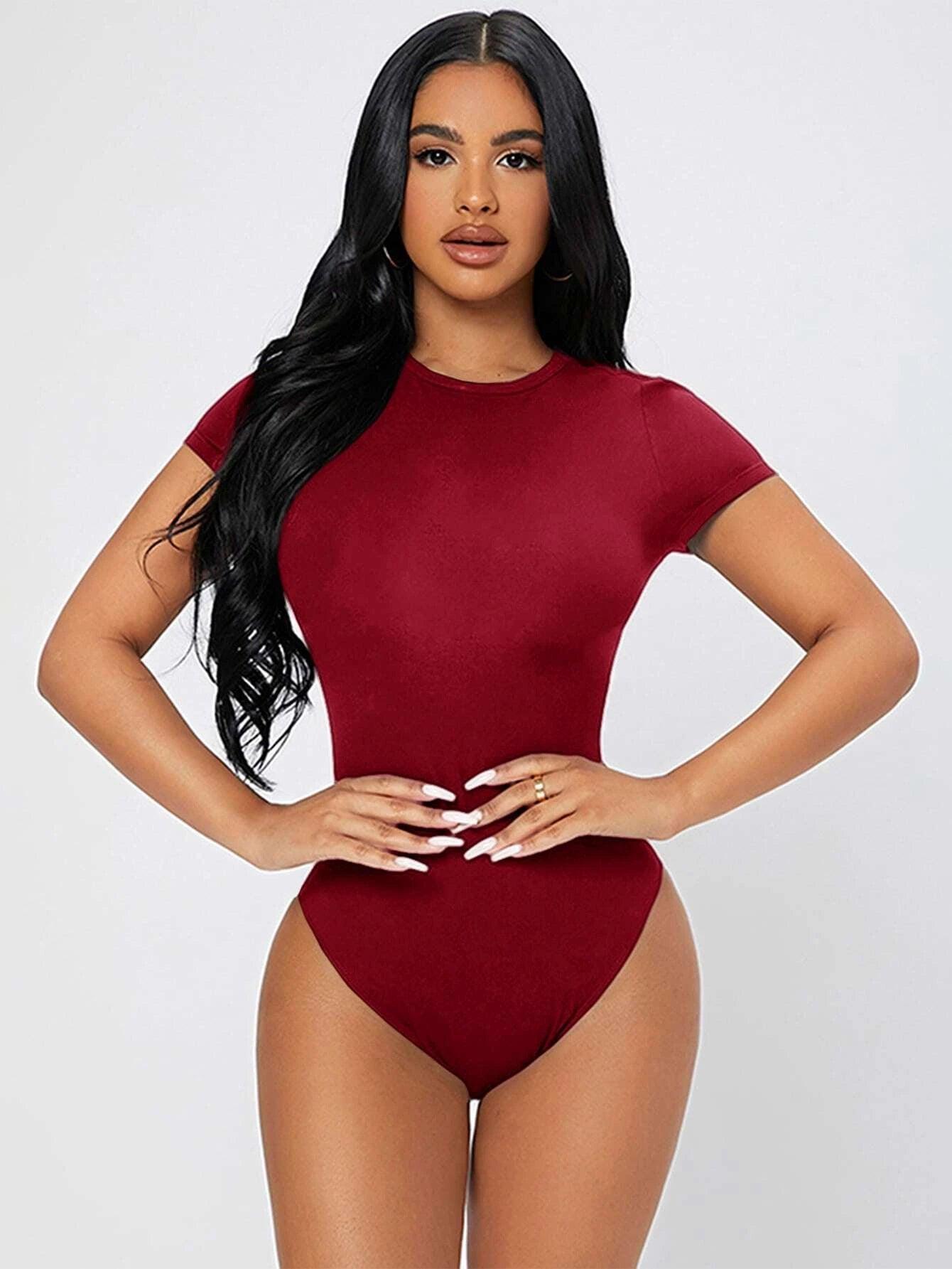 Solid Colored Round Neck Bodysuit-Comfy Jumpsuits