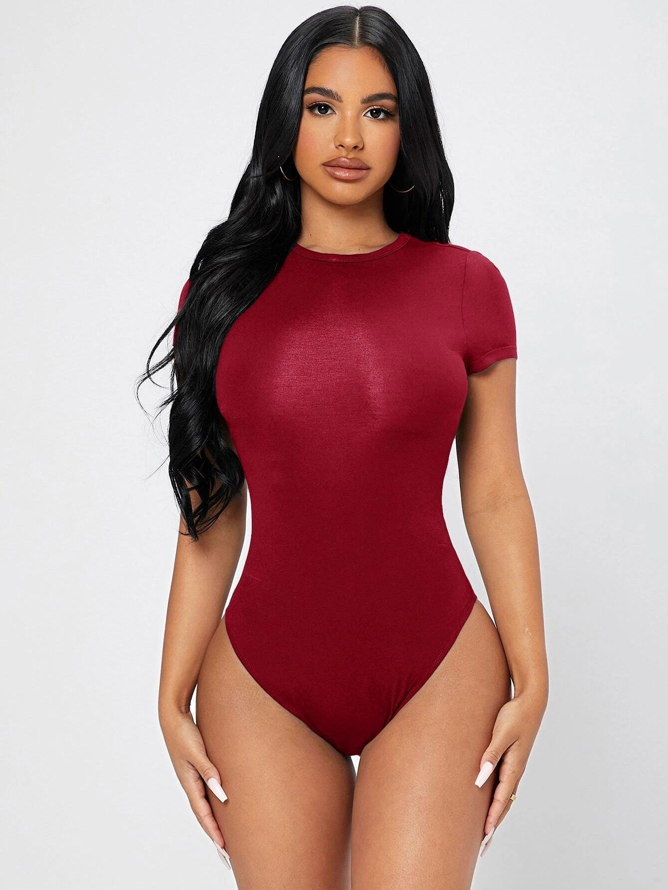 Solid Colored Round Neck Bodysuit-Comfy Jumpsuits