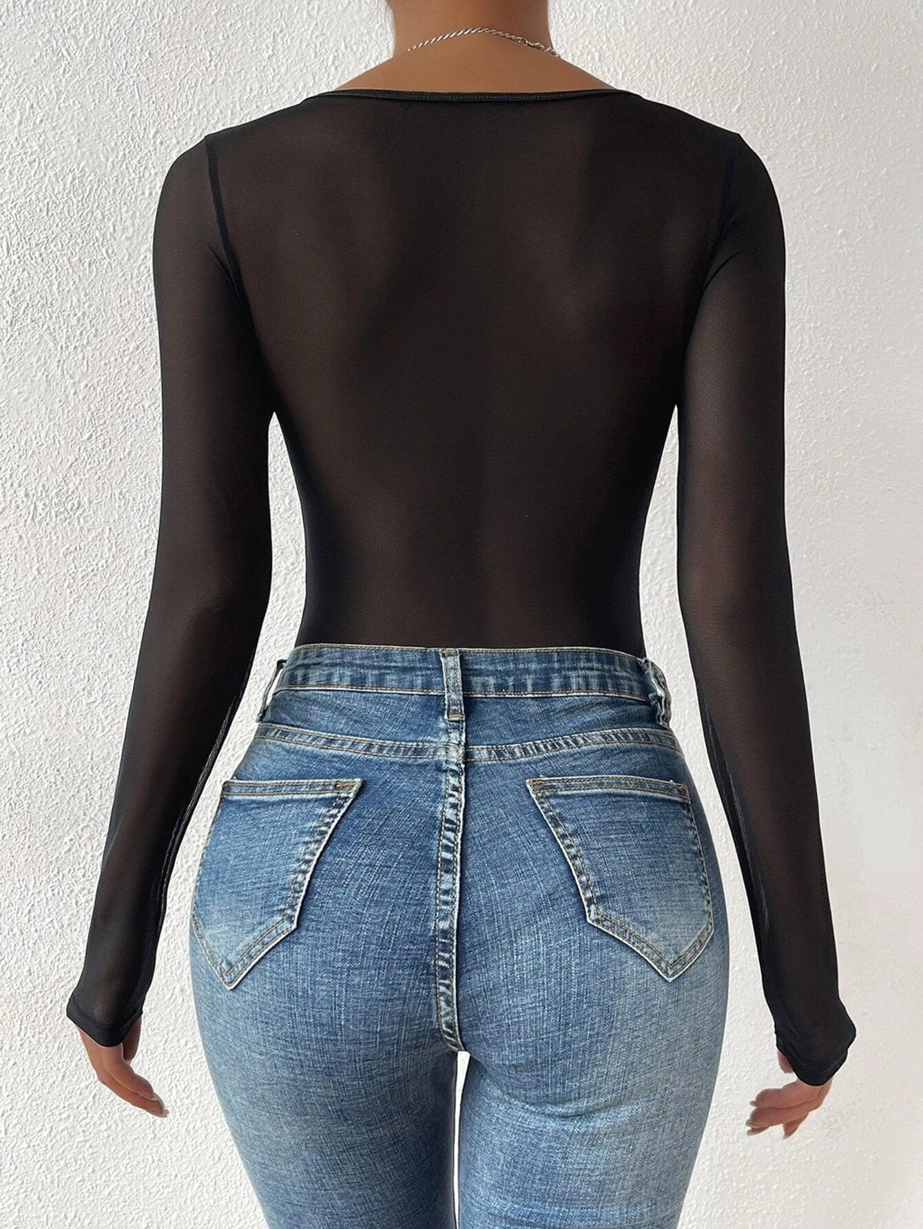 Neck Contrast Mesh Bodysuit-Comfy Jumpsuits