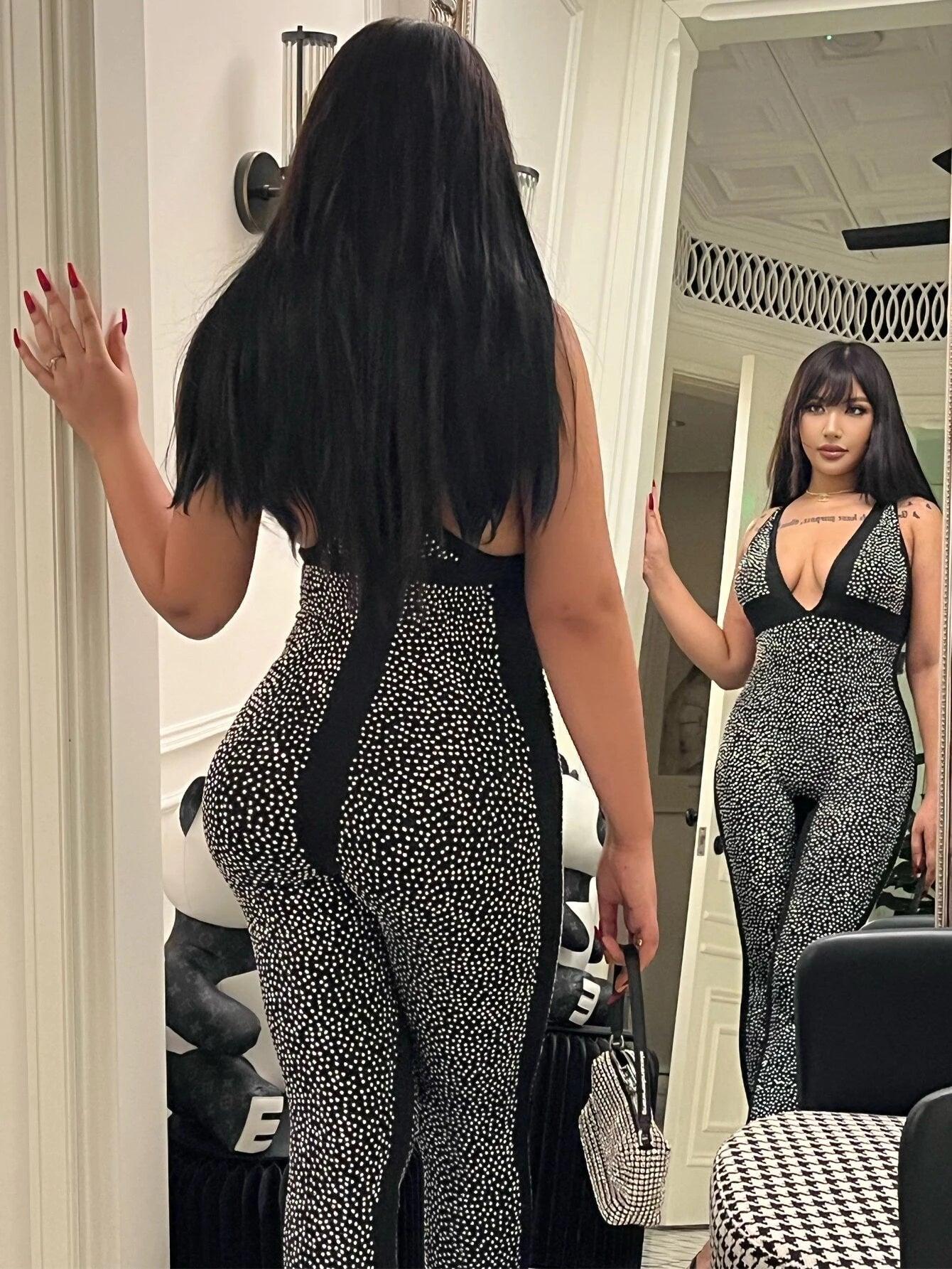 Polka Dot V Neck Unitard Jumpsuit-Comfy Jumpsuits