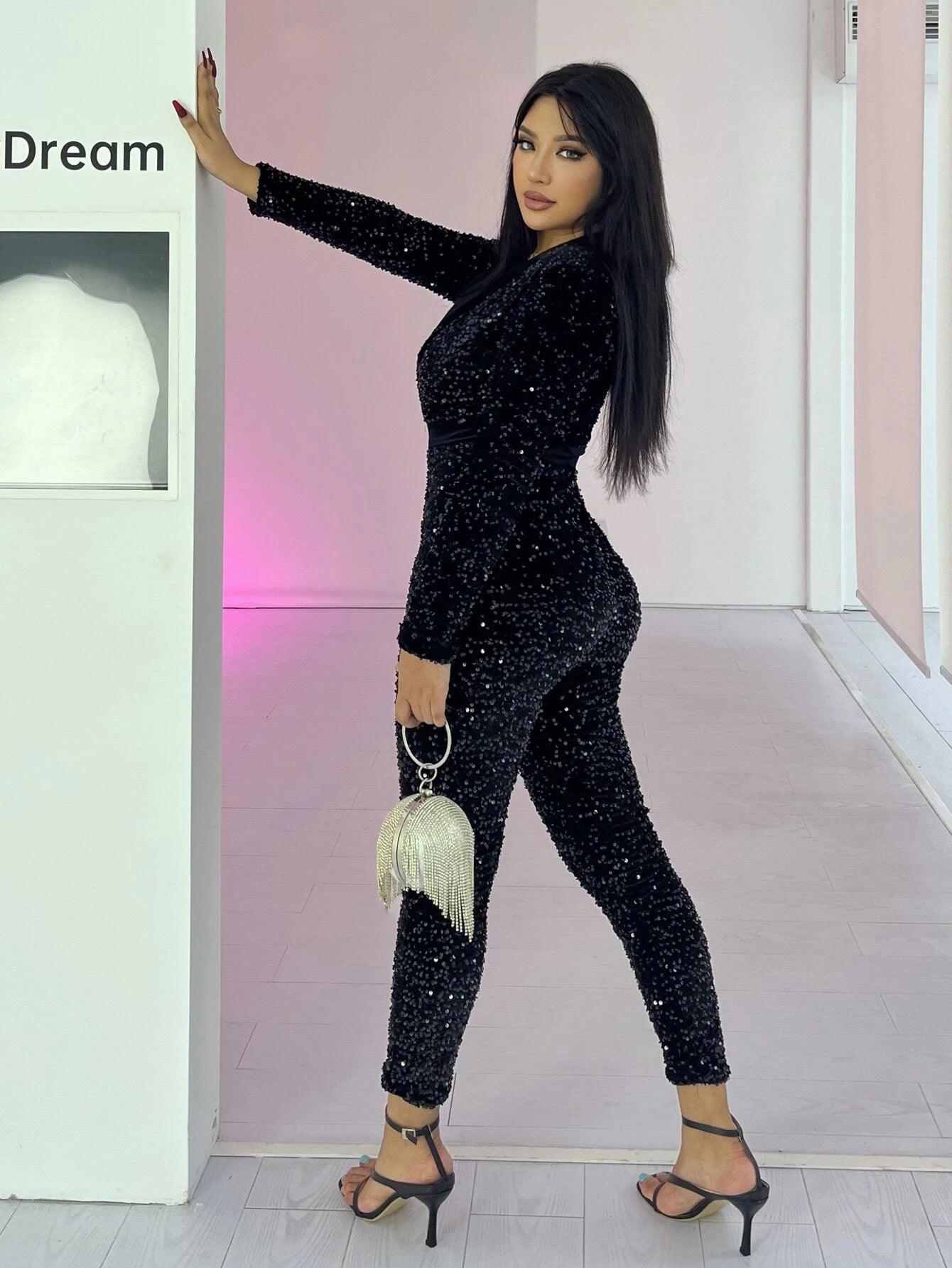 Long Sleeve Sequin Jumpsuit-Comfy Jumpsuits