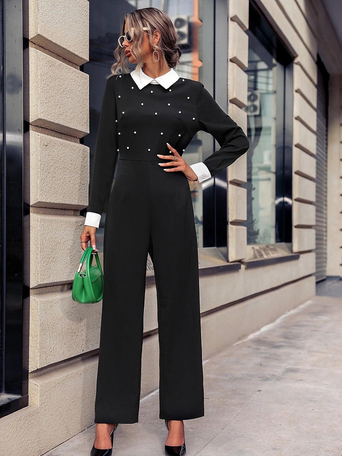 Contrast Color Collar Pearls Beaded Jumpsuit-Comfy Jumpsuits