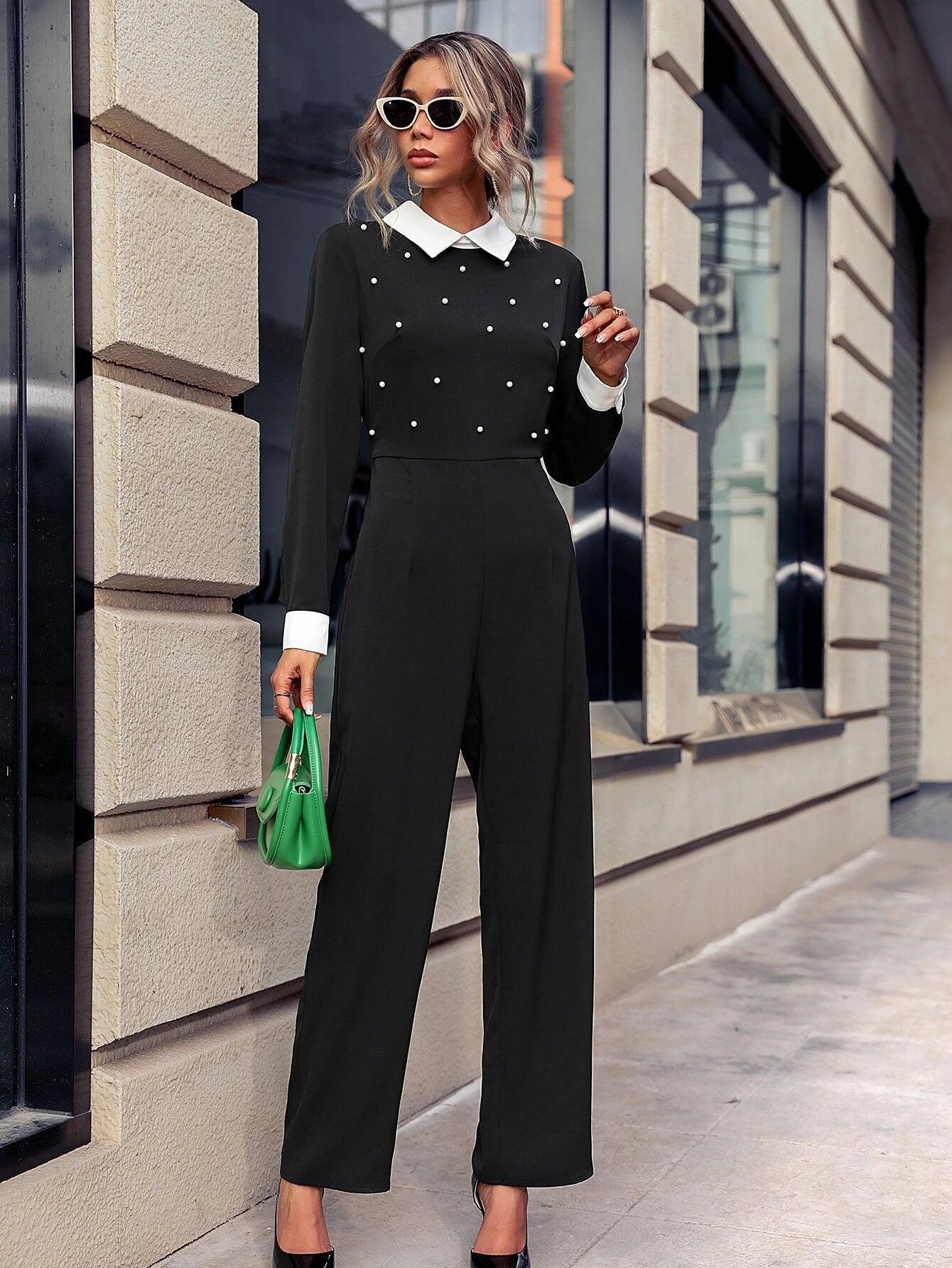 Contrast Color Collar Pearls Beaded Jumpsuit-Comfy Jumpsuits