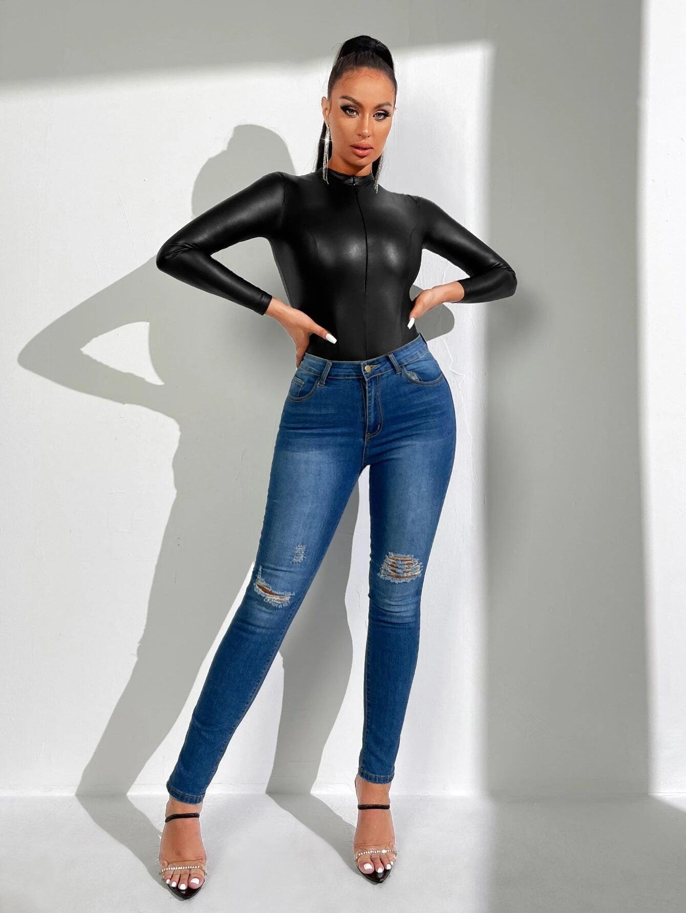 Plunging Neck PU Leather Bodysuit-Comfy Jumpsuits