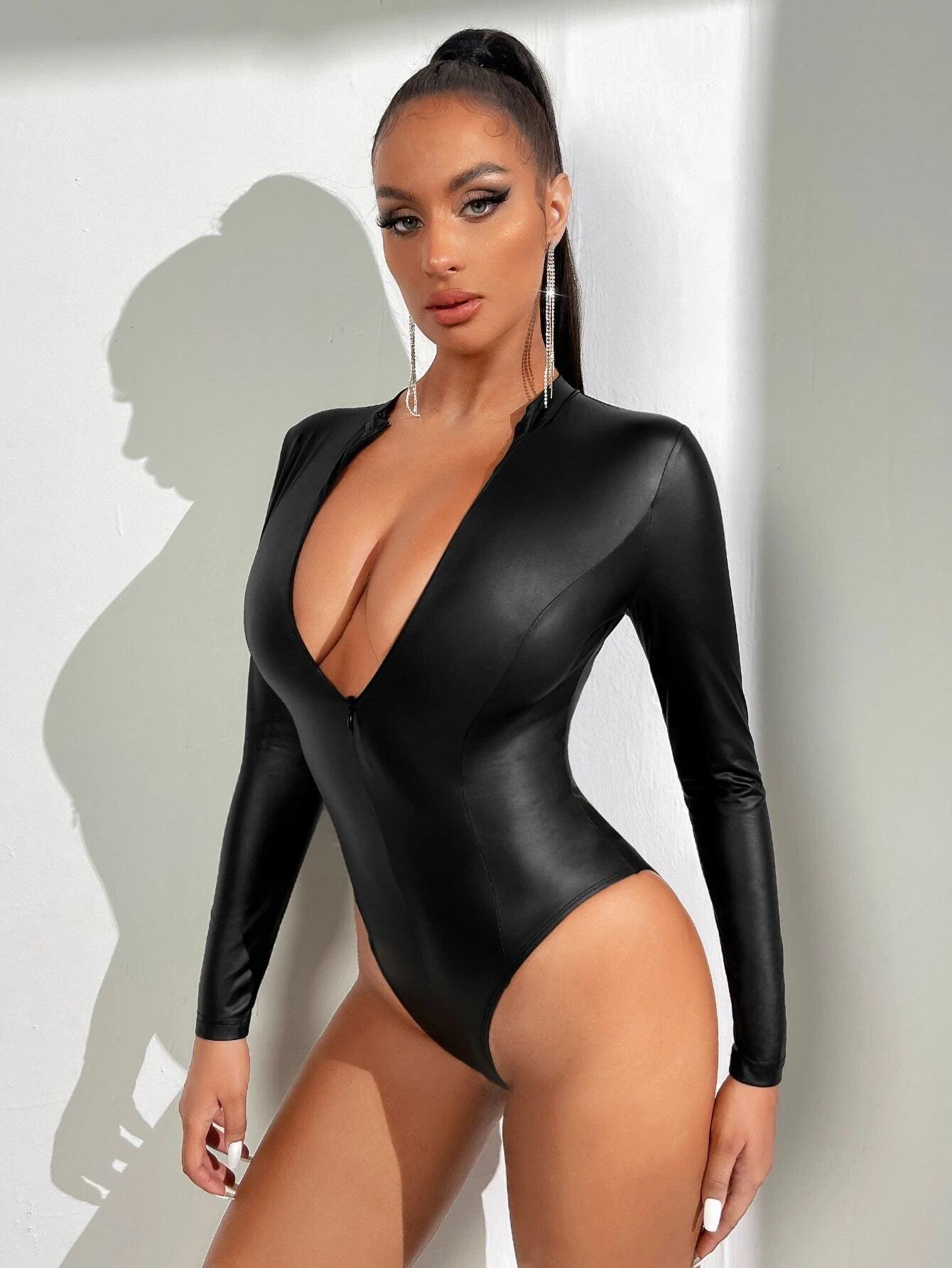 Plunging Neck PU Leather Bodysuit-Comfy Jumpsuits
