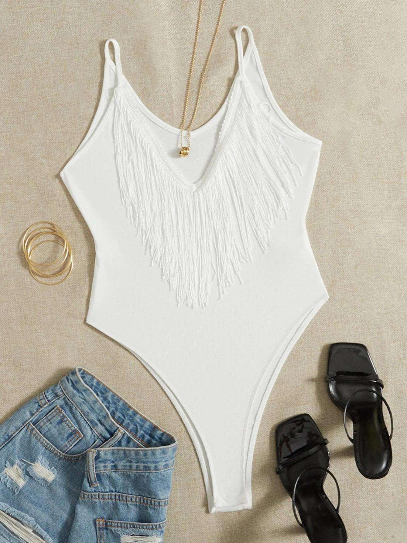Fringe Trim Cami Bodysuit-Comfy Jumpsuits