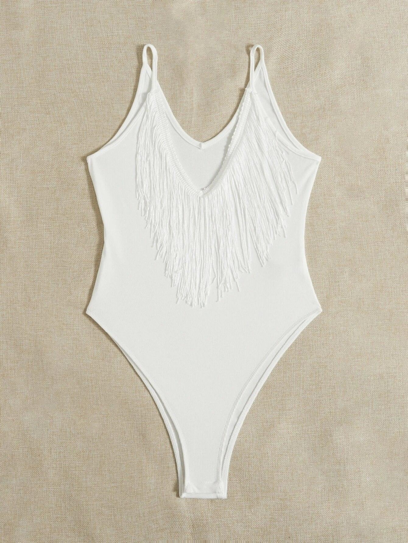 Fringe Trim Cami Bodysuit-Comfy Jumpsuits