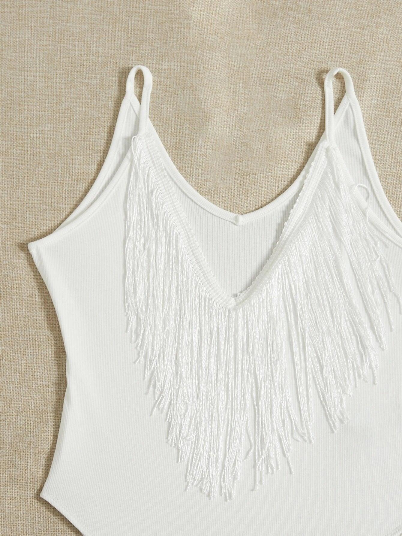 Fringe Trim Cami Bodysuit-Comfy Jumpsuits