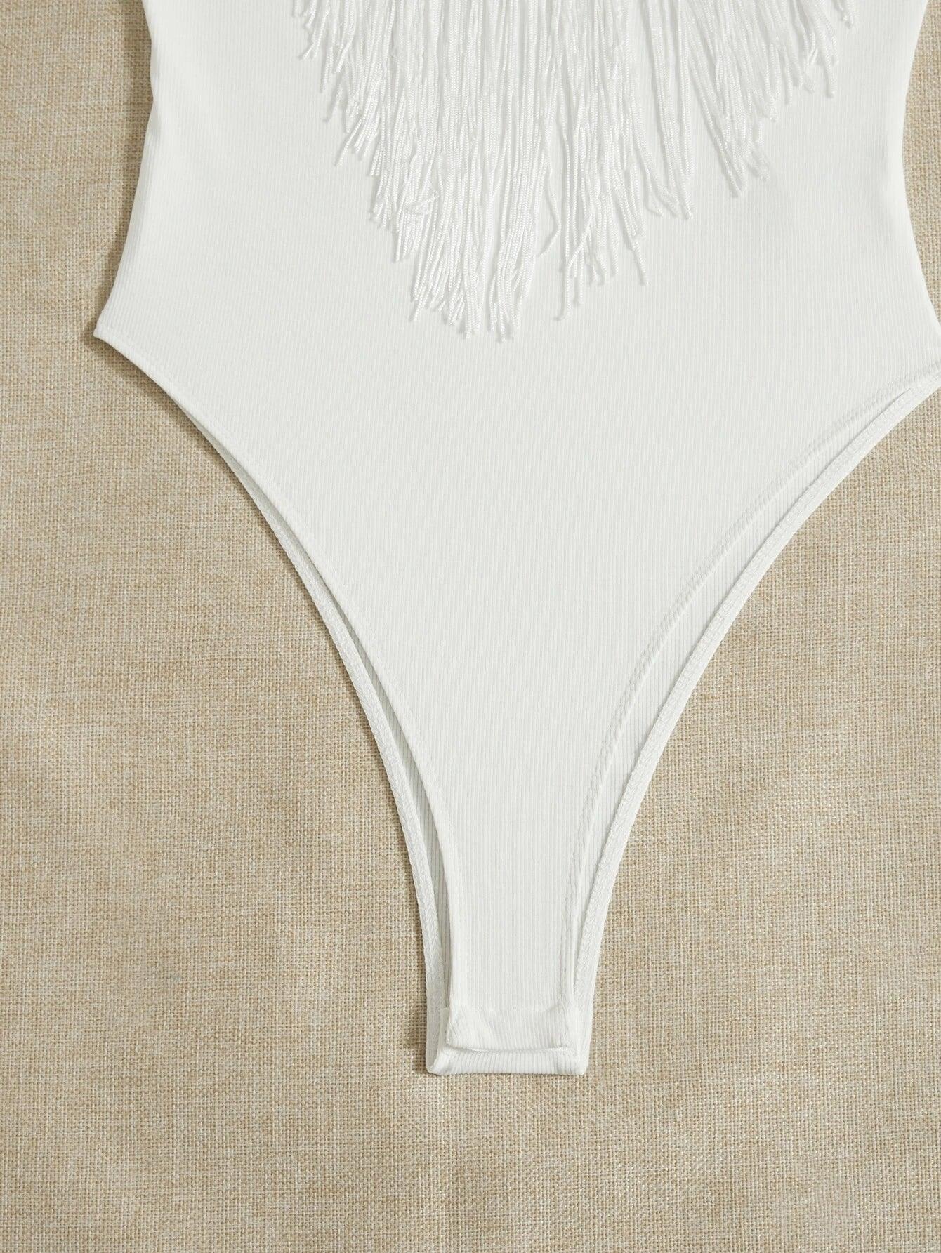 Fringe Trim Cami Bodysuit-Comfy Jumpsuits