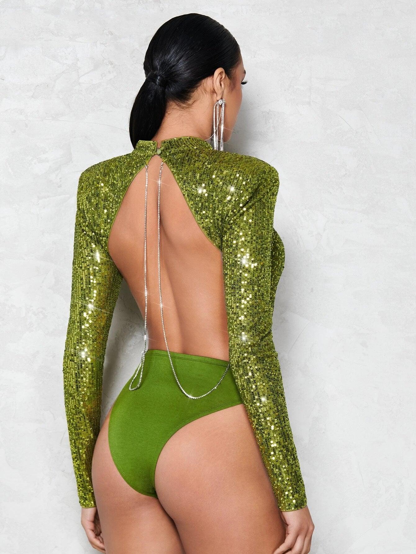 Rhinestone Chain Detail Backless Mock Neck Sequin Bodysuit-Comfy Jumpsuits