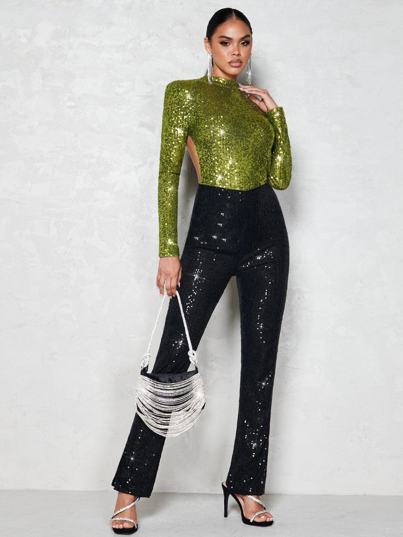 Rhinestone Chain Detail Backless Mock Neck Sequin Bodysuit-Comfy Jumpsuits