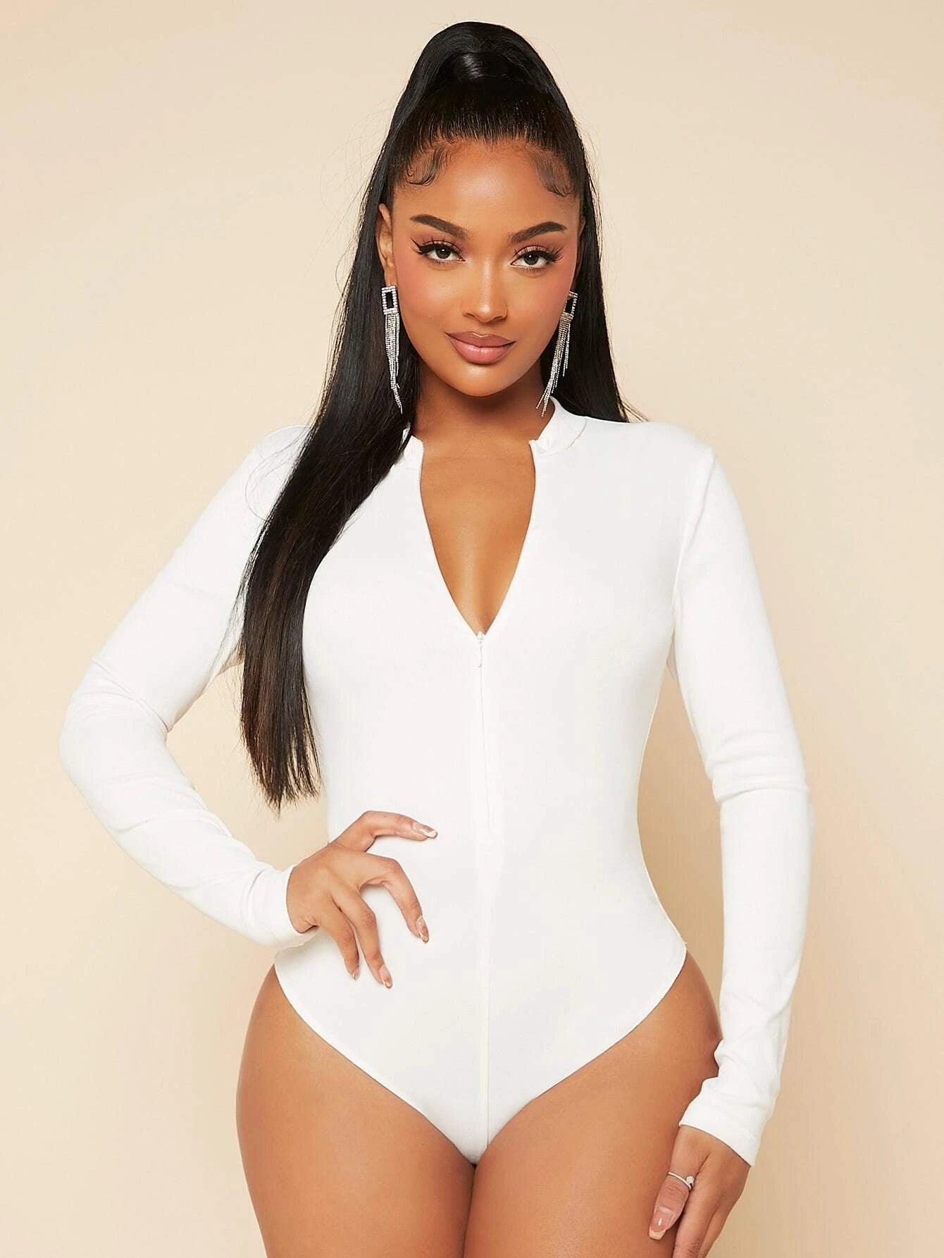 Zip Up Slim Fit Bodysuit-Comfy Jumpsuits