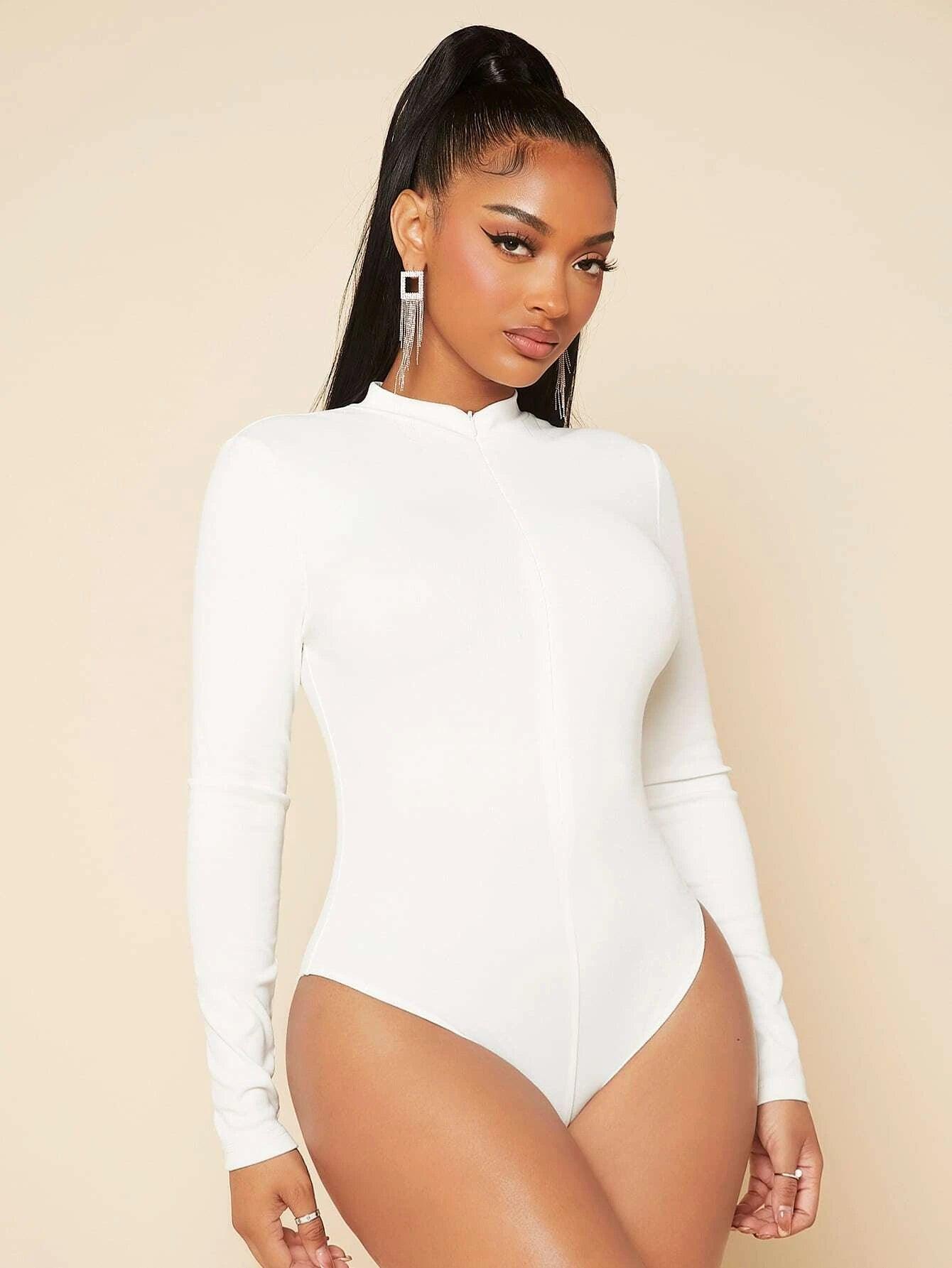 Zip Up Slim Fit Bodysuit-Comfy Jumpsuits