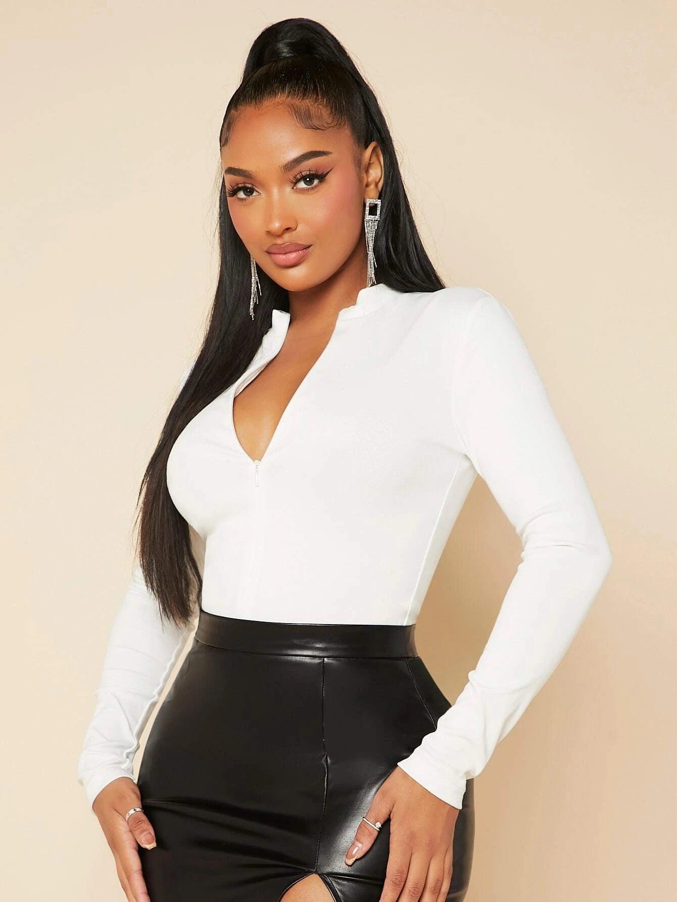 Zip Up Slim Fit Bodysuit-Comfy Jumpsuits