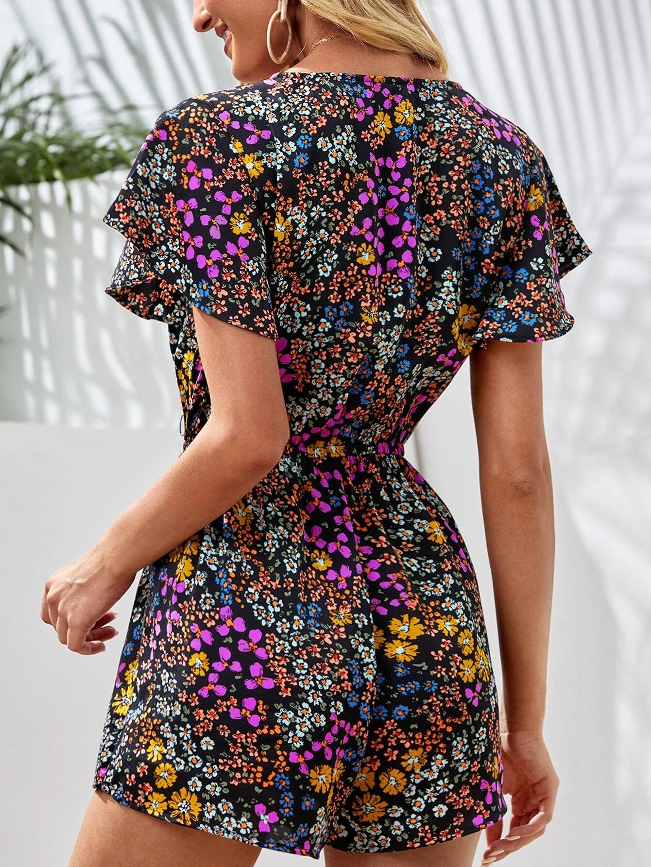 Allover Floral Print Butterfly Sleeve Romper-Comfy Jumpsuits