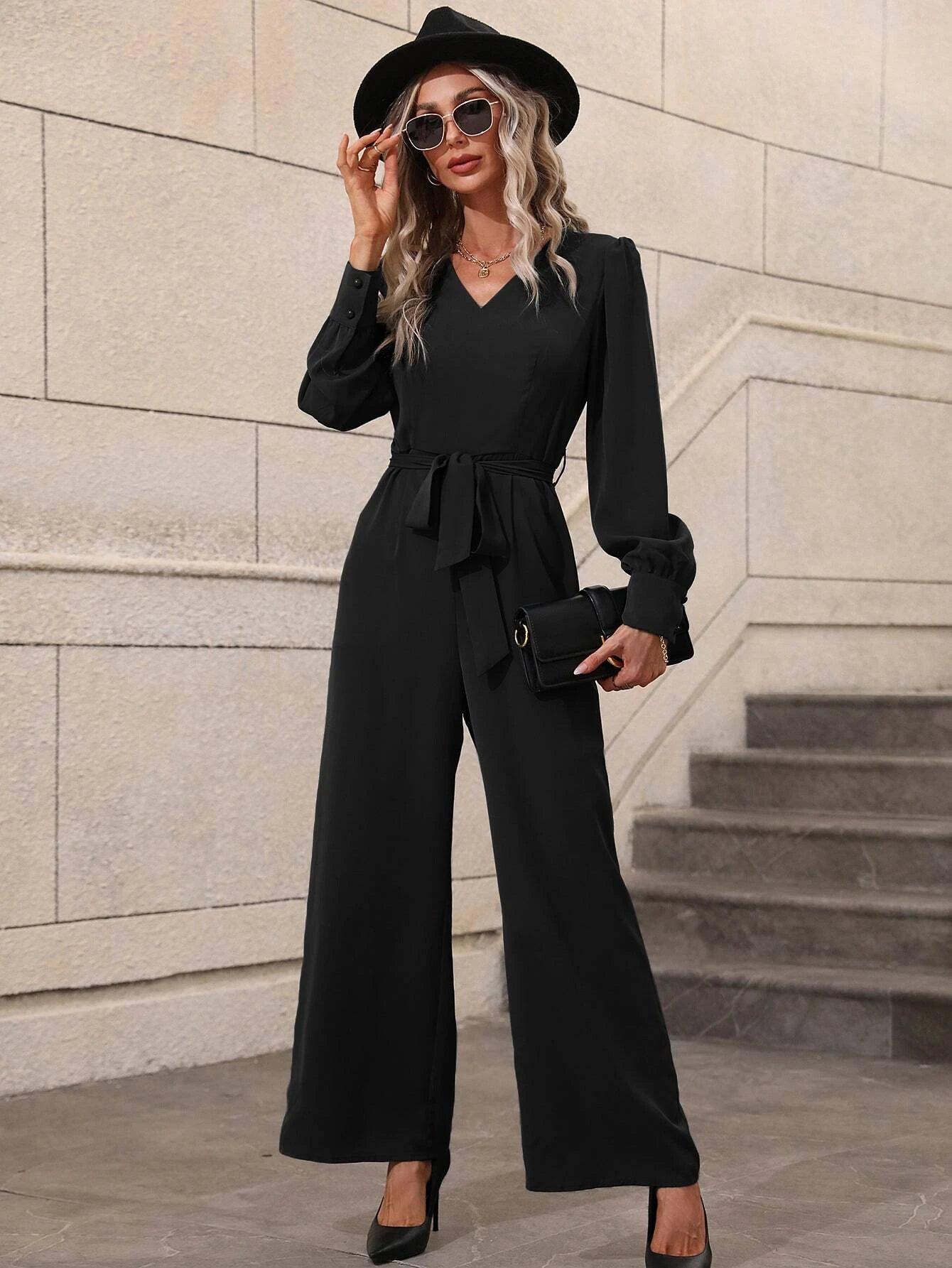 V-Neck Puff Sleeve Belted Wide Leg Jumpsuit-Comfy Jumpsuits