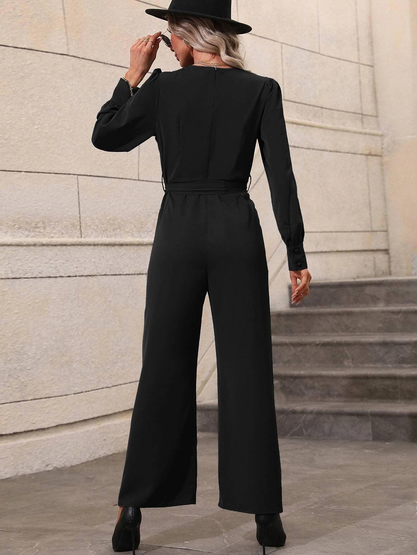 V-Neck Puff Sleeve Belted Wide Leg Jumpsuit-Comfy Jumpsuits