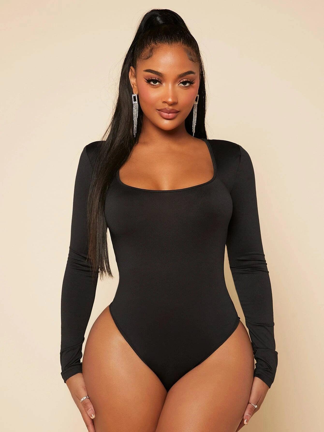 Square Neck Slim Fit Bodysuits-Comfy Jumpsuits