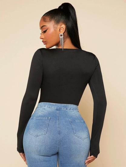 Square Neck Slim Fit Bodysuits-Comfy Jumpsuits