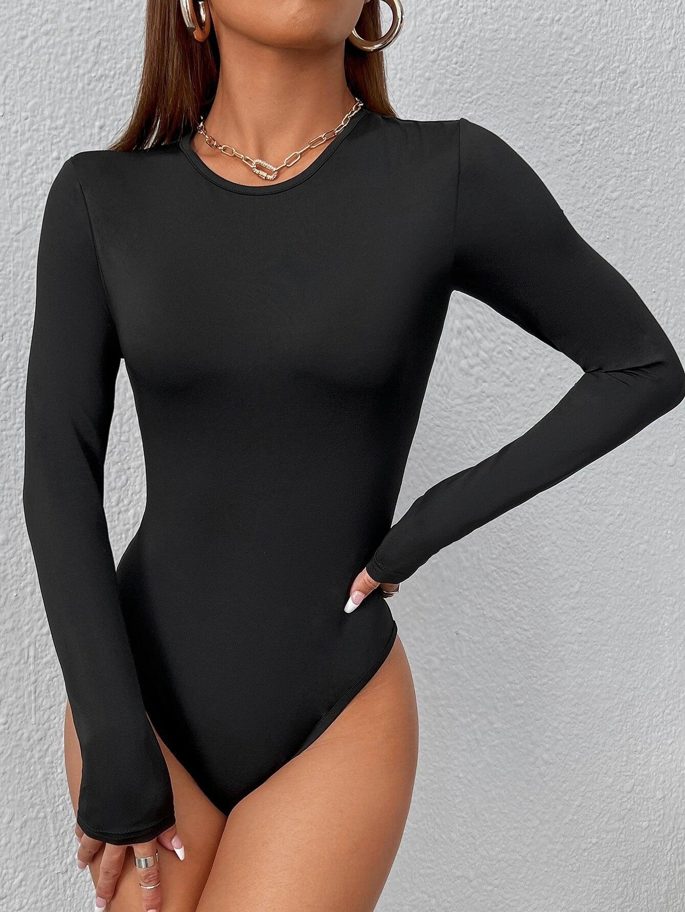 Round Neck Slim Fit Bodysuit-Comfy Jumpsuits