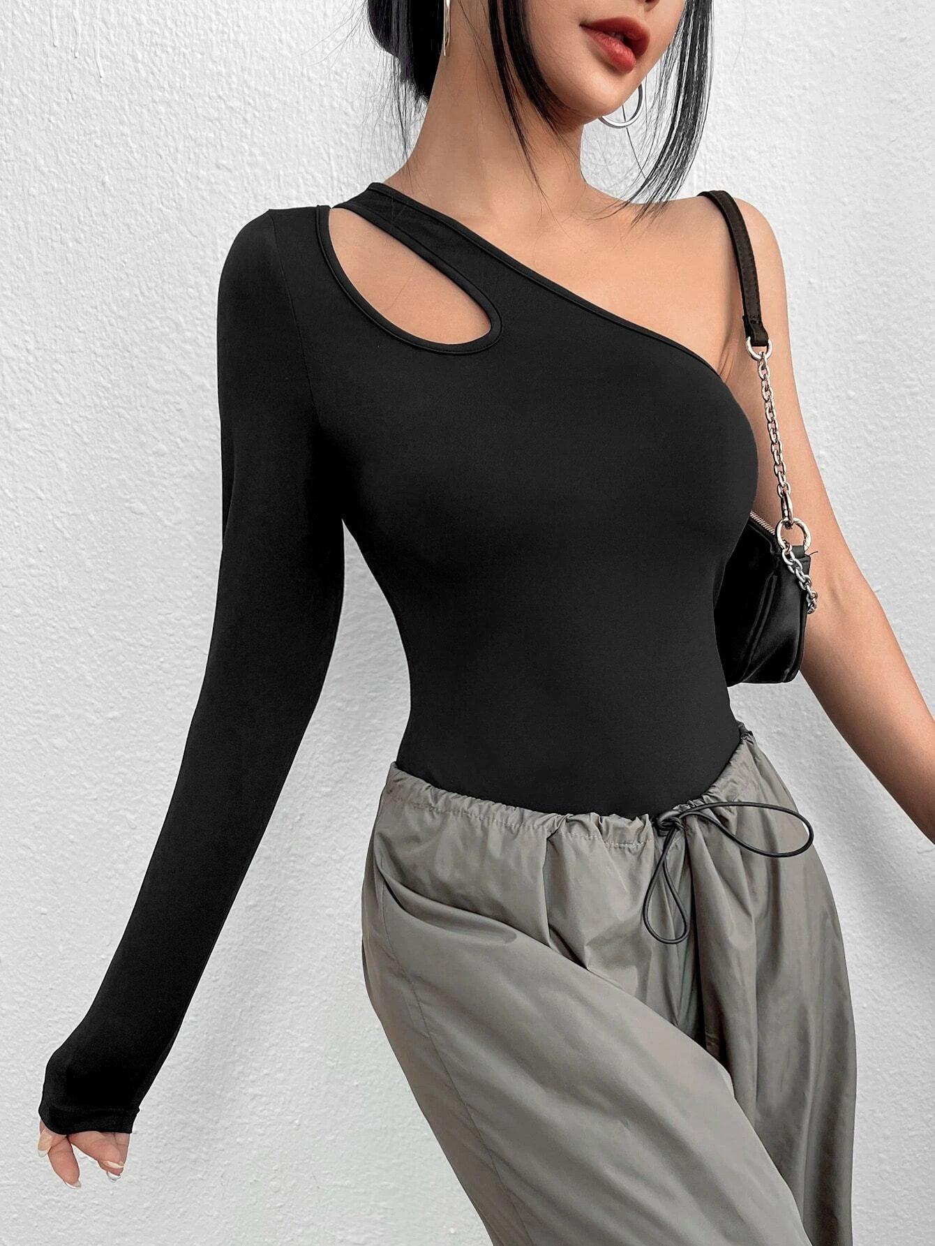 One Shoulder Long Sleeve Slim Fit Bodysuit-Comfy Jumpsuits