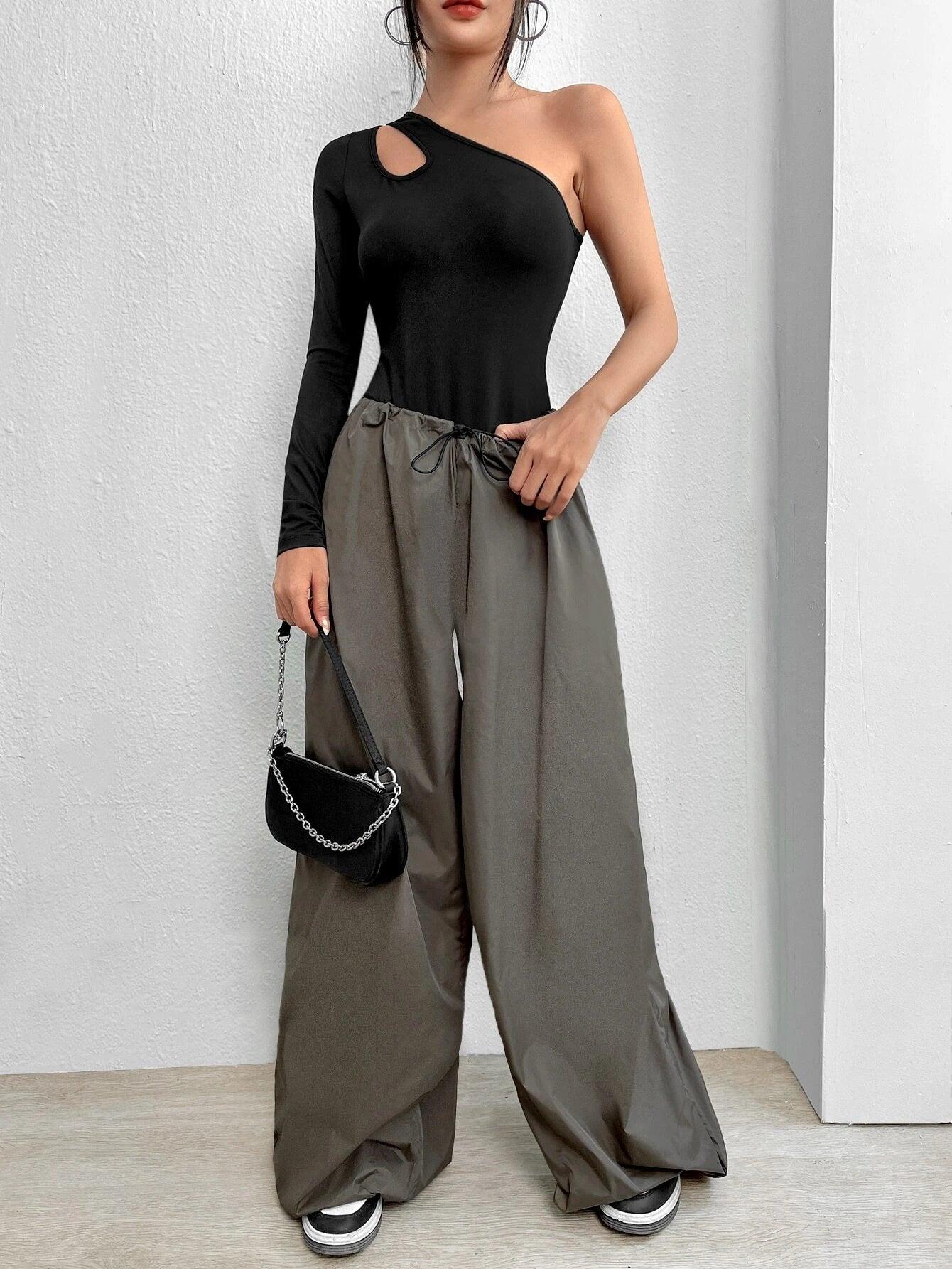 One Shoulder Long Sleeve Slim Fit Bodysuit-Comfy Jumpsuits