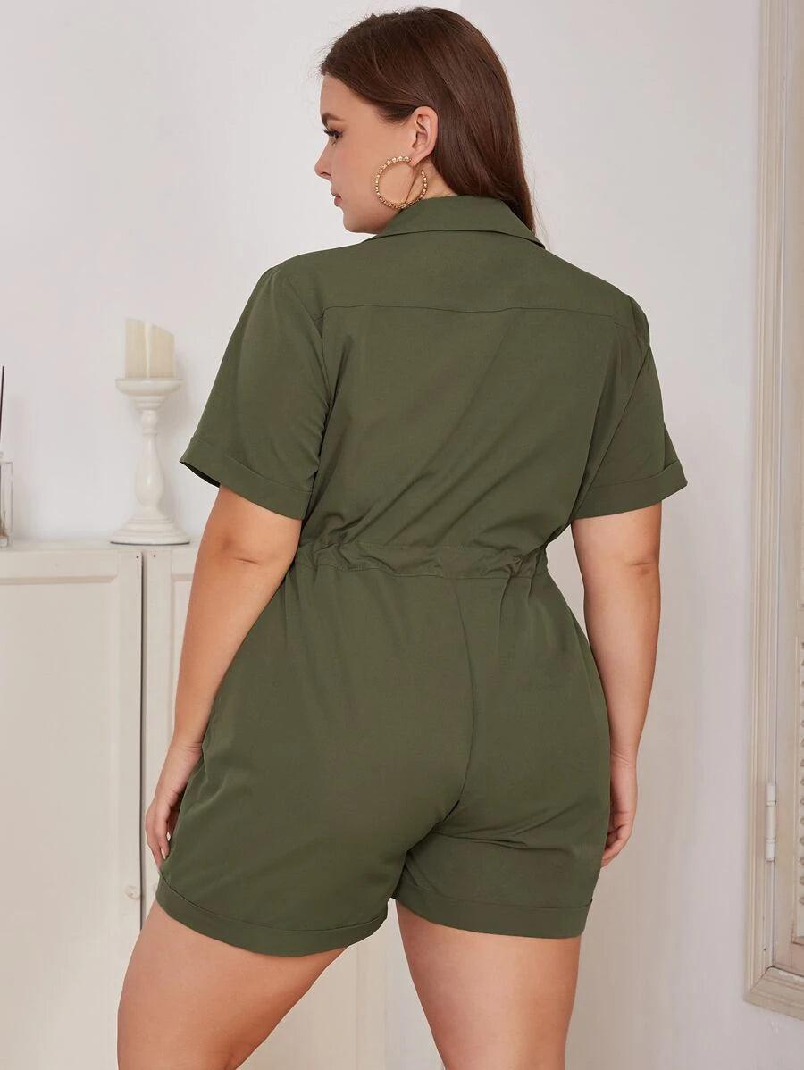 Drawstring Waist Front Button Shirt Romper-Comfy Jumpsuits