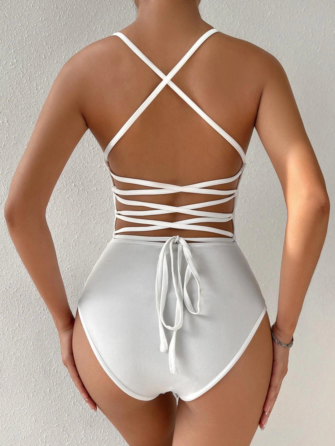 Rhinestone Detail Crisscross Front Cami Bodysuit-Comfy Jumpsuits