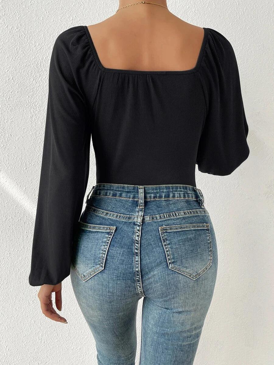 U-Neck Lantern Sleeved Bodysuit-Comfy Jumpsuits