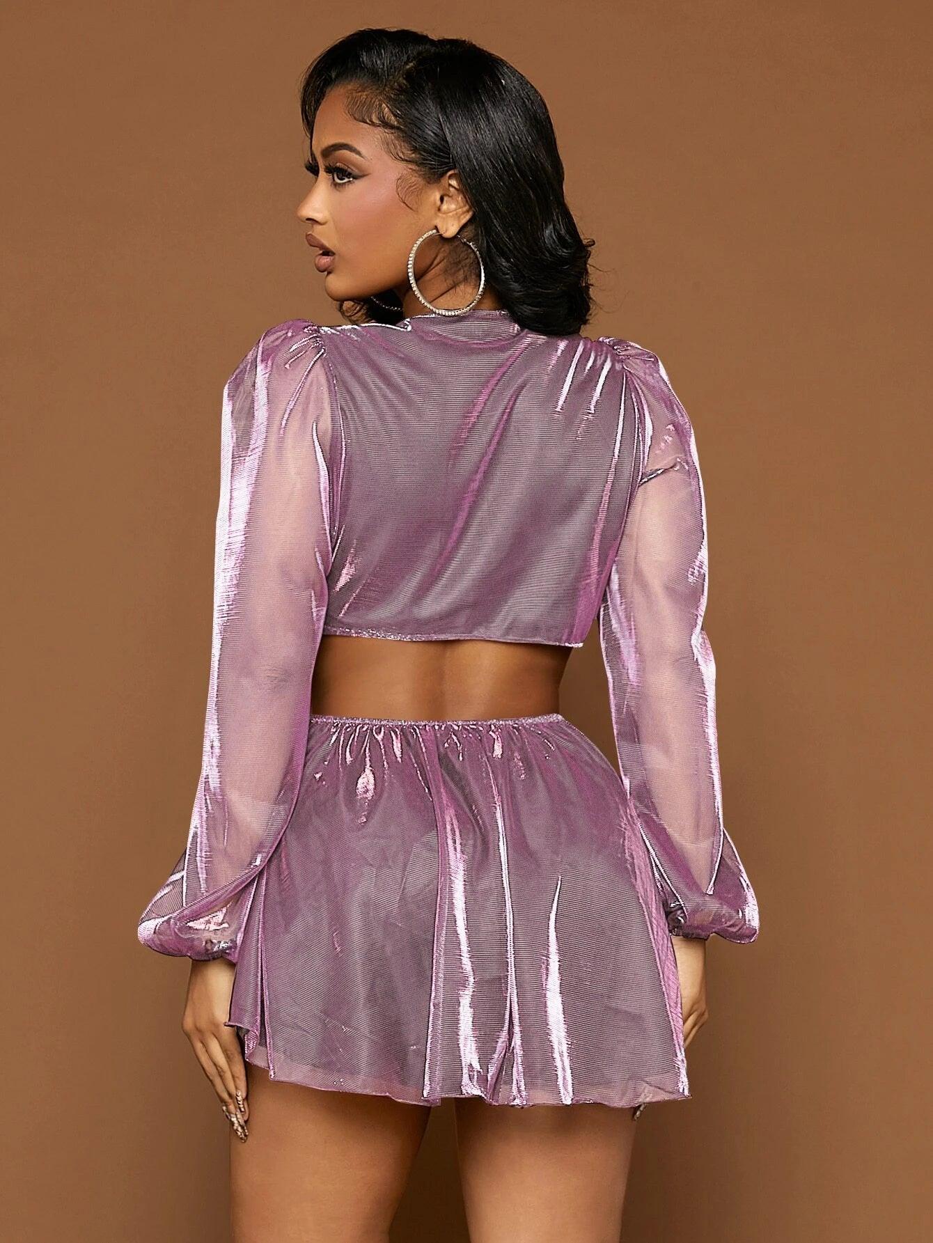 Plunging Neck Lantern Sleeve Metallic Romper-Comfy Jumpsuits