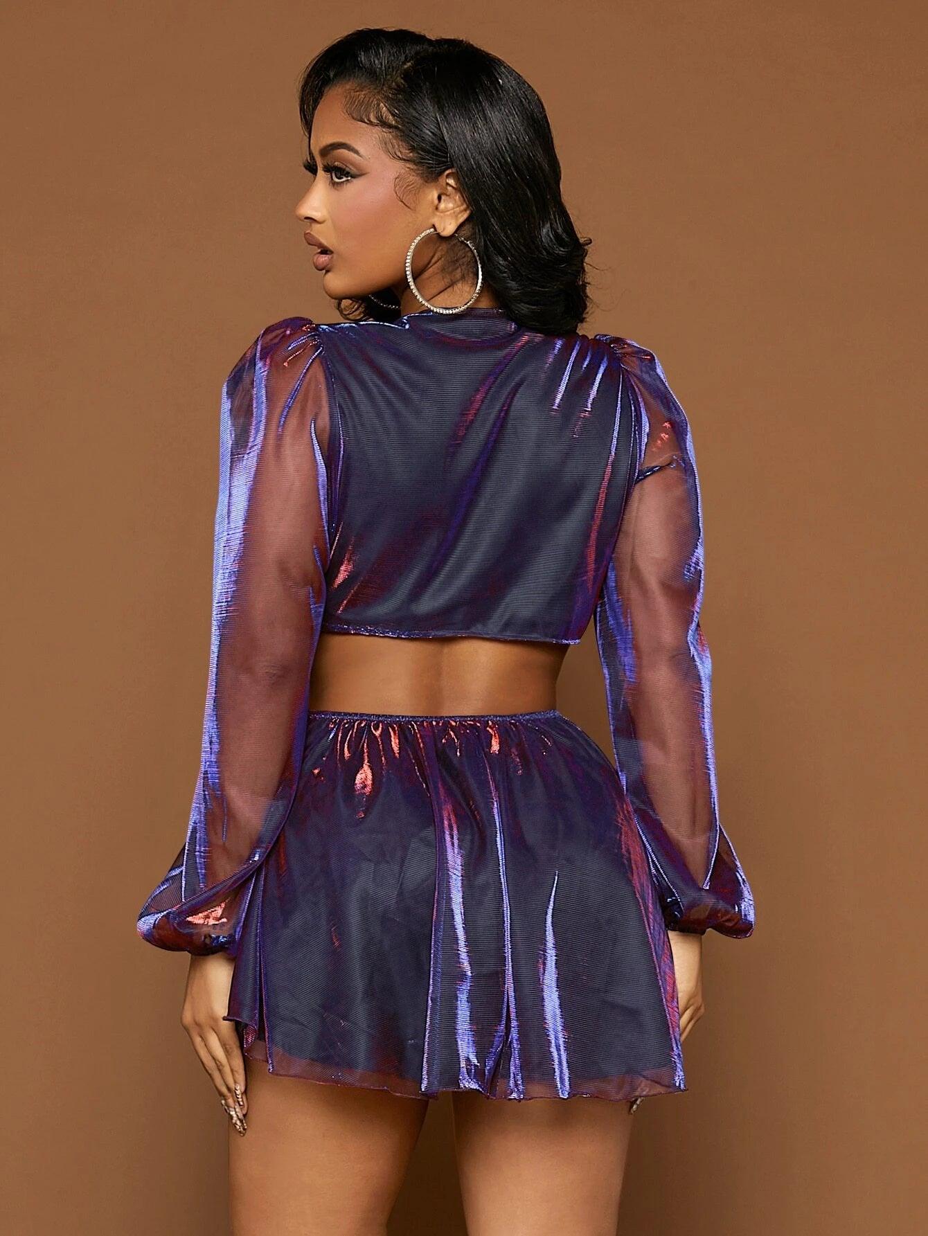 Plunging Neck Lantern Sleeve Metallic Romper-Comfy Jumpsuits