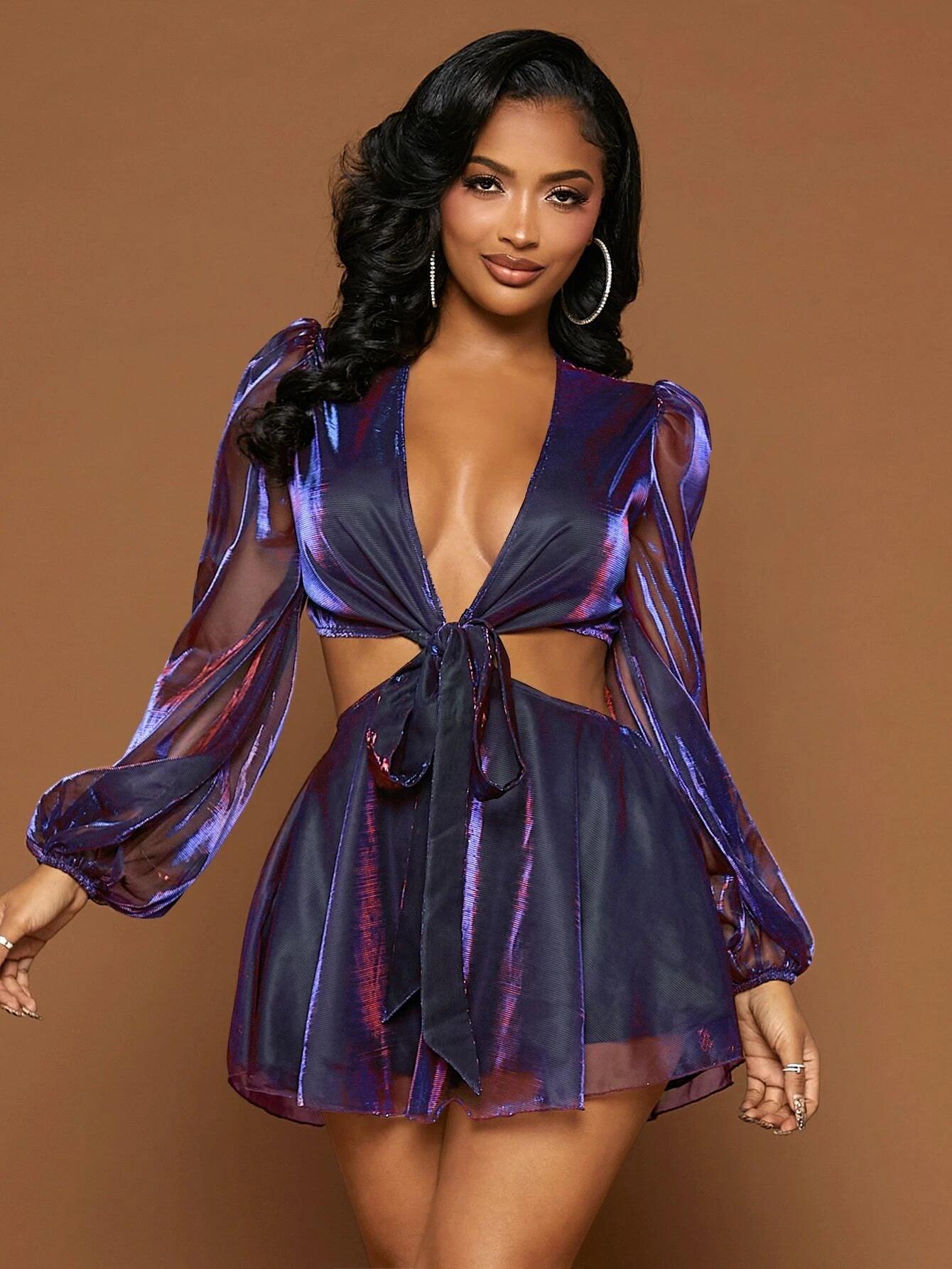 Plunging Neck Lantern Sleeve Metallic Romper-Comfy Jumpsuits