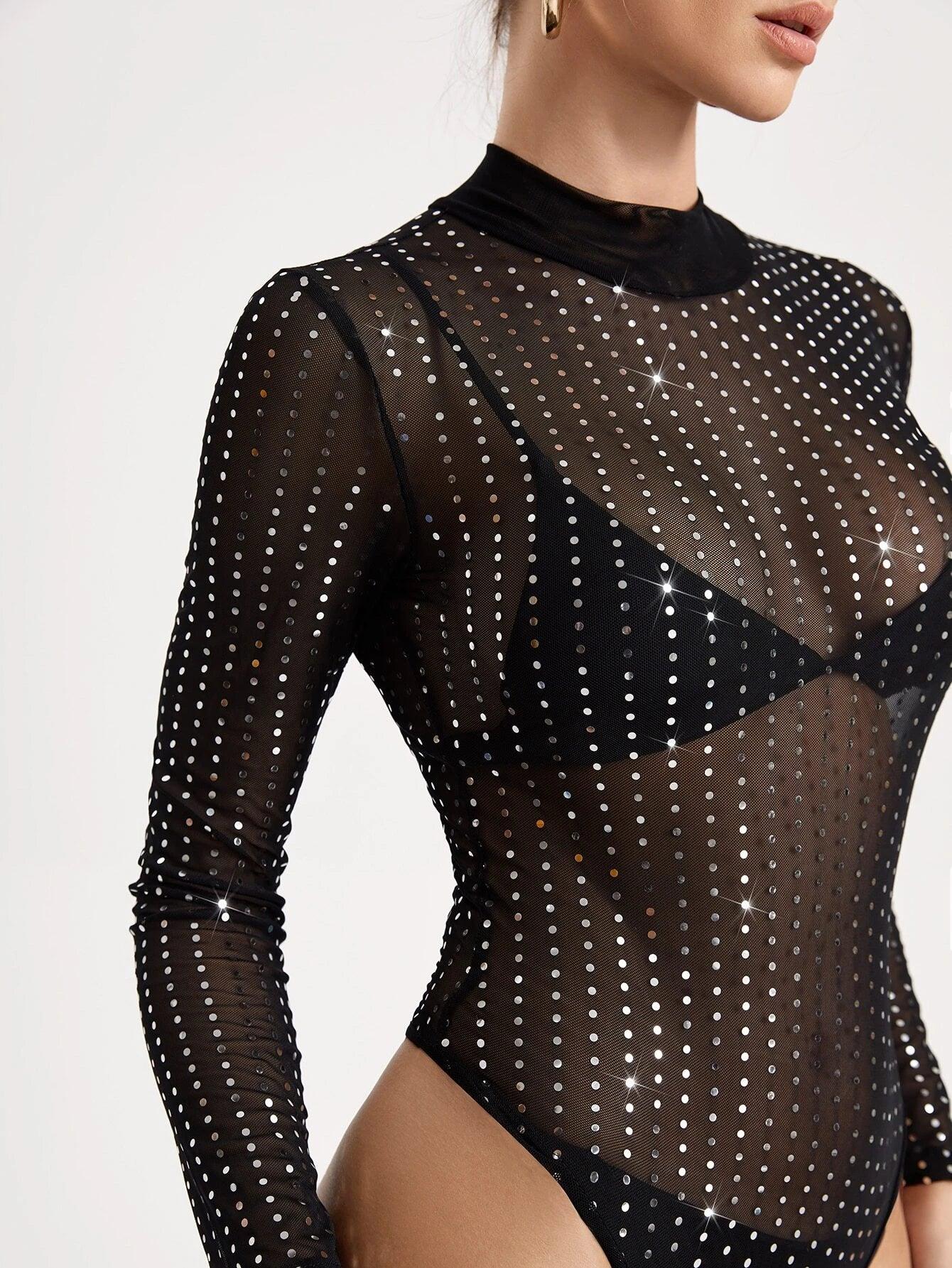 Bianca Rhinestone Mock Neck Sheer Bodysuit-Comfy Jumpsuits