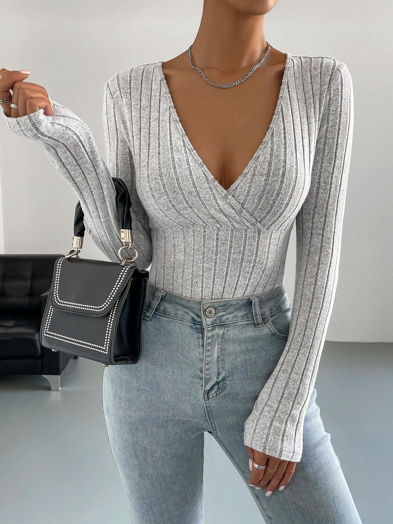 Surplice Neck Ribbed Knit Bodysuit-Comfy Jumpsuits