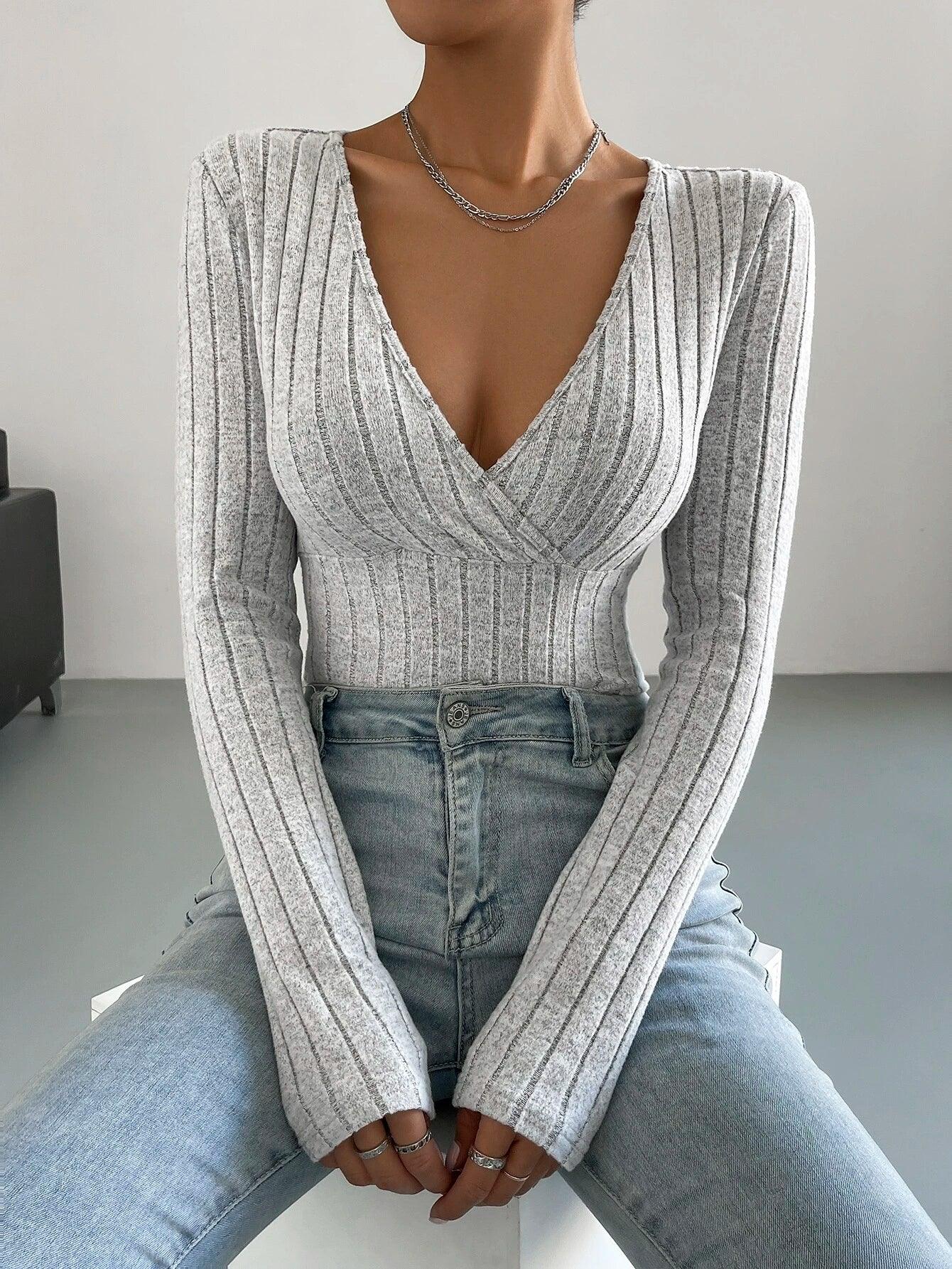 Surplice Neck Ribbed Knit Bodysuit-Comfy Jumpsuits