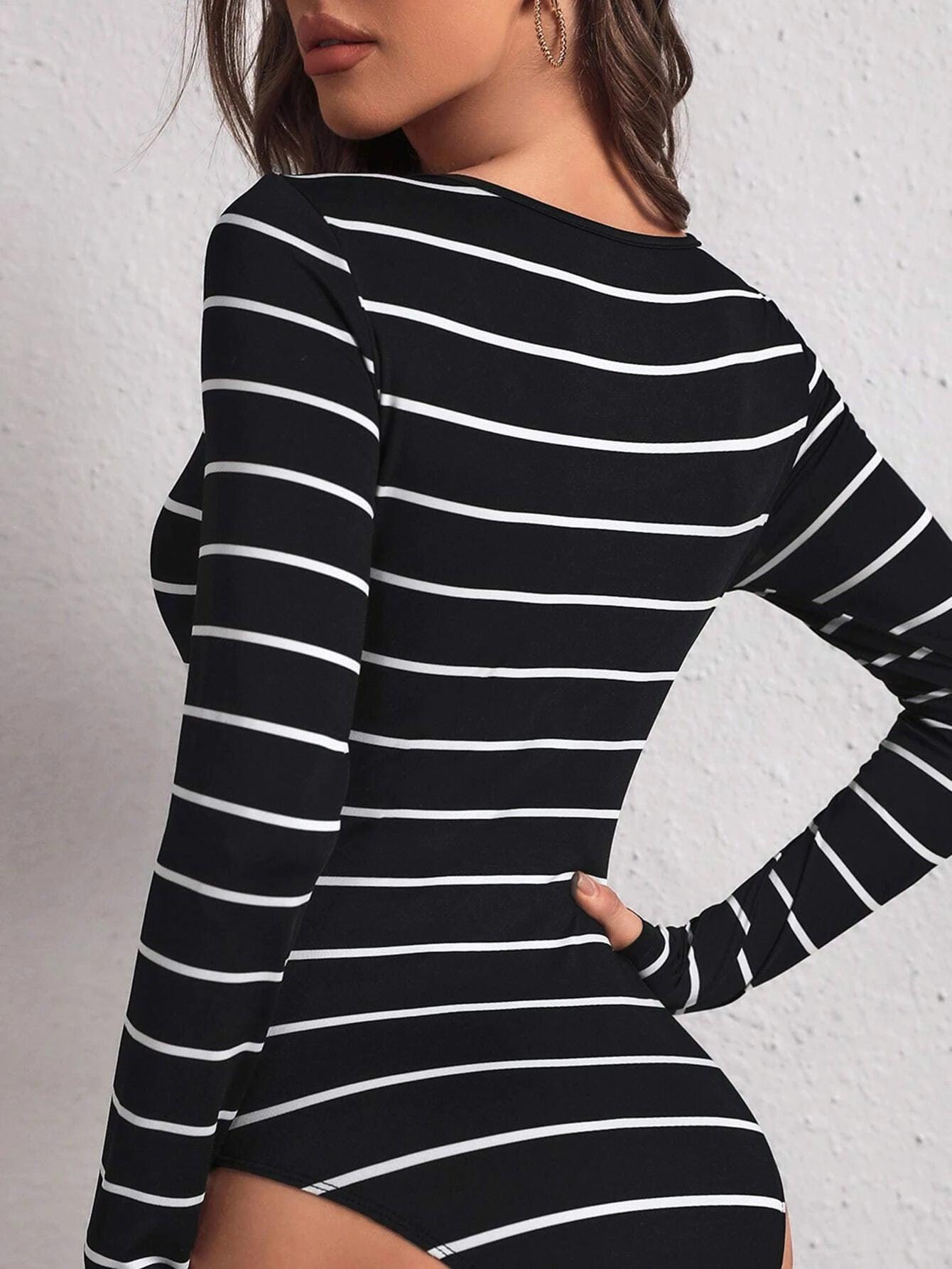 Striped Scoop Neckline Bodysuit-Comfy Jumpsuits