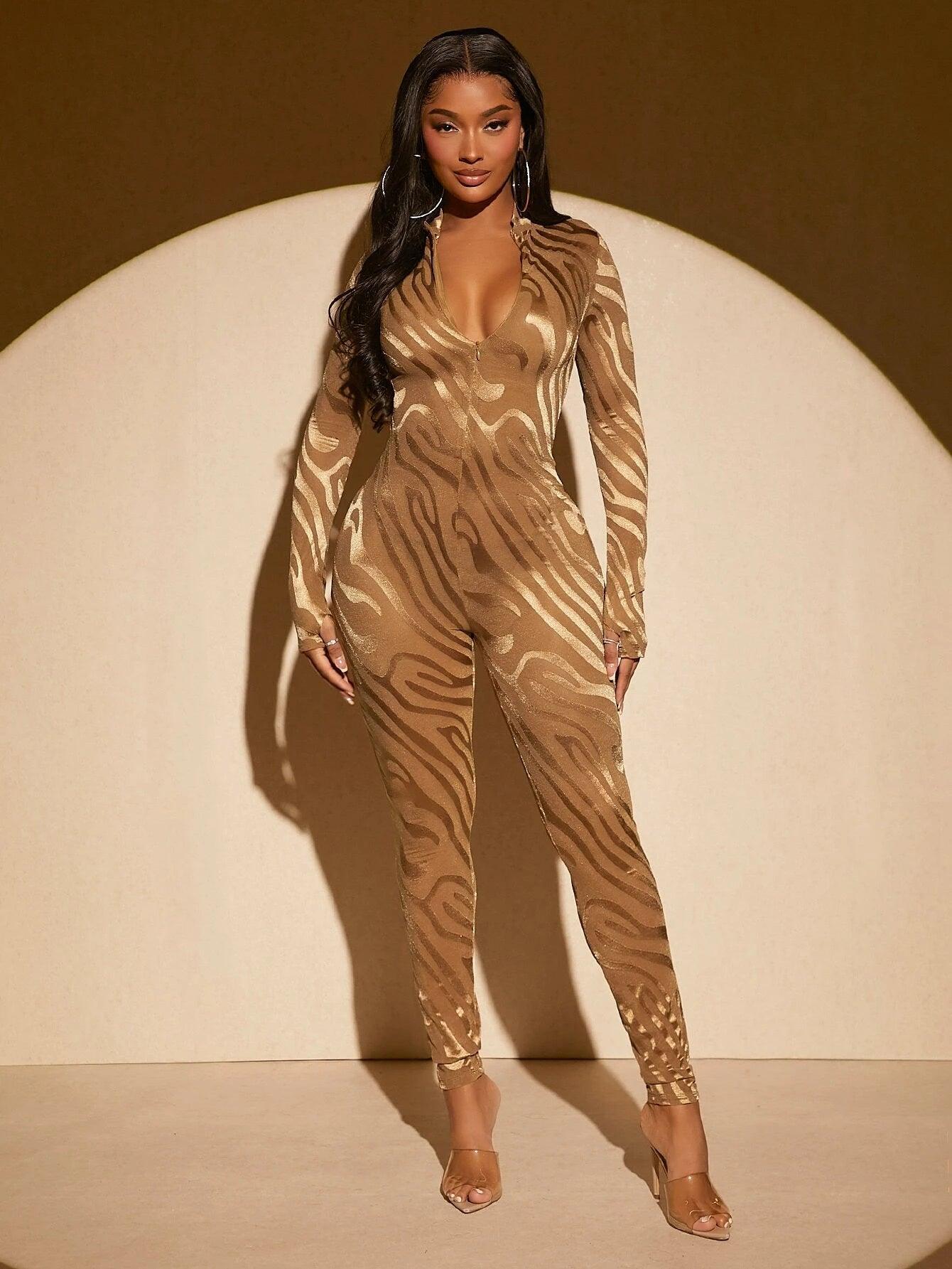 Striped Patterned Long Sleeve Unitard Jumpsuit-Comfy Jumpsuits