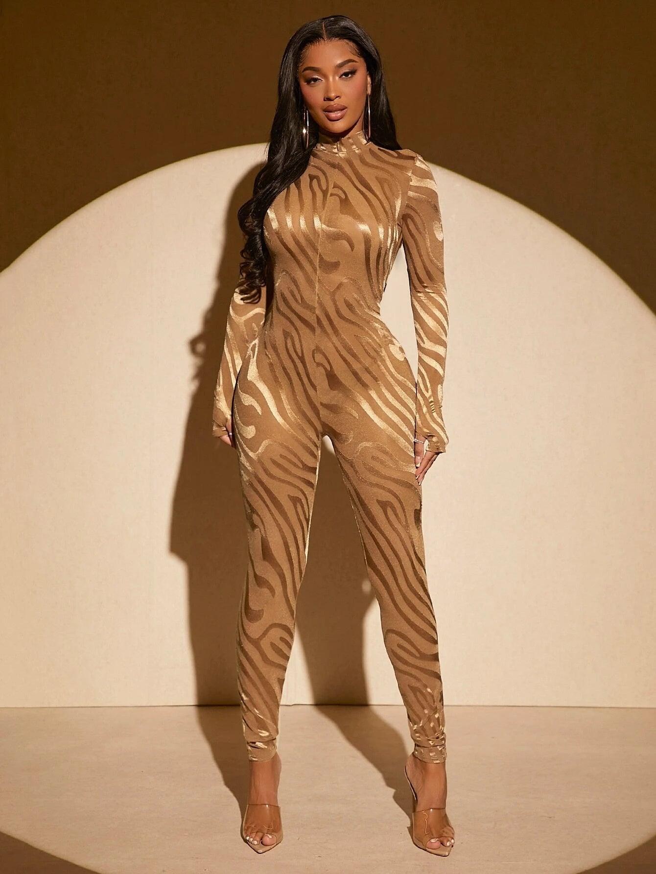 Striped Patterned Long Sleeve Unitard Jumpsuit-Comfy Jumpsuits
